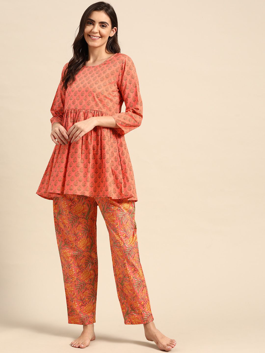 Prakrti Women Orange Printed Cotton Night suit Price in India