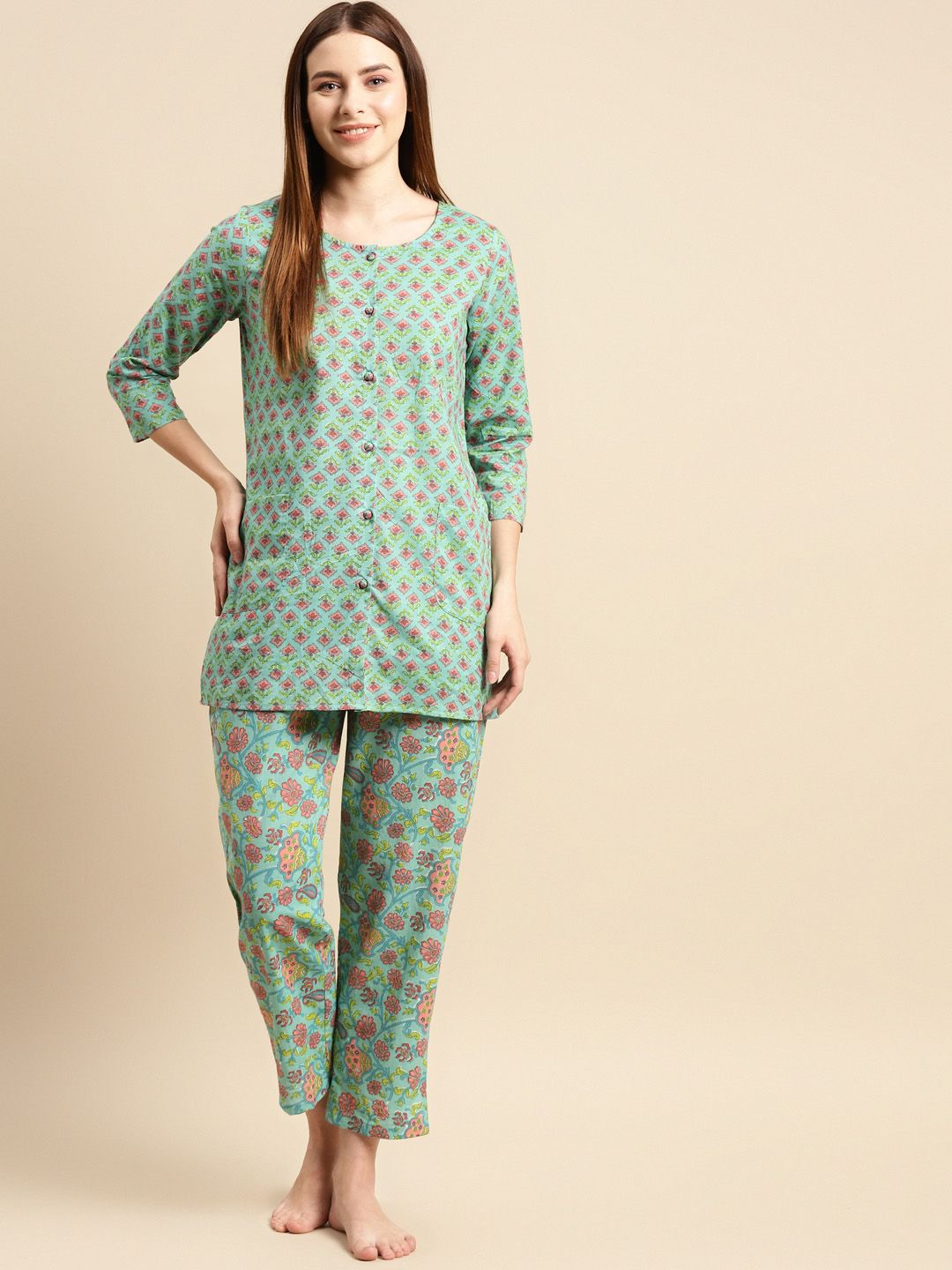 Prakrti Women Green & Pink Printed Cotton Night suit Price in India