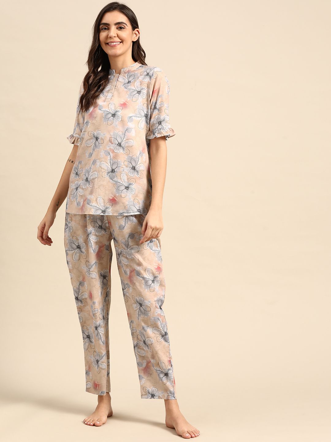 Prakrti Women Beige & Grey Floral Print Pure Cotton Pyjama Set Price in India