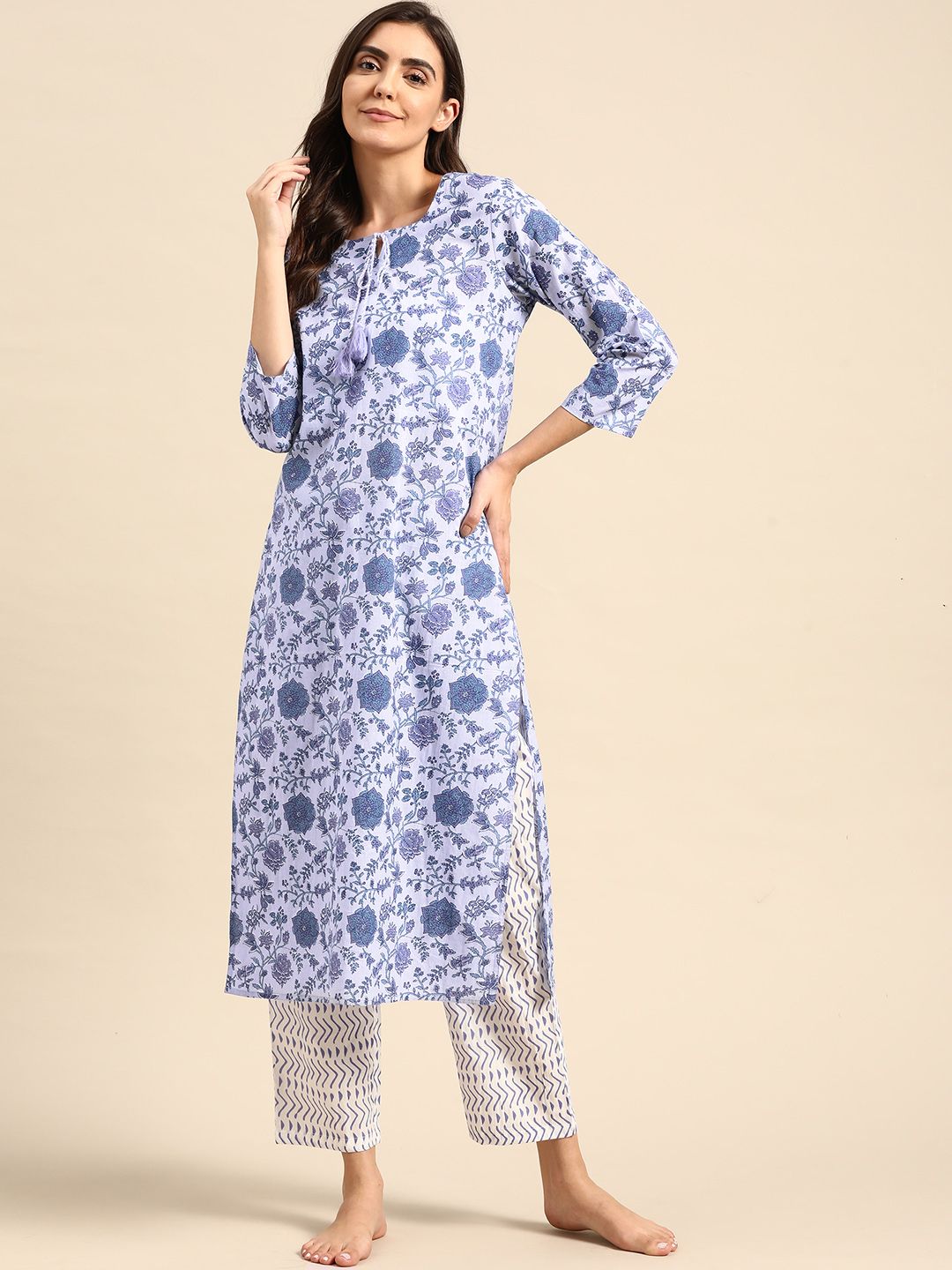 Prakrti Women Blue & White Printed Cotton Night suit Price in India