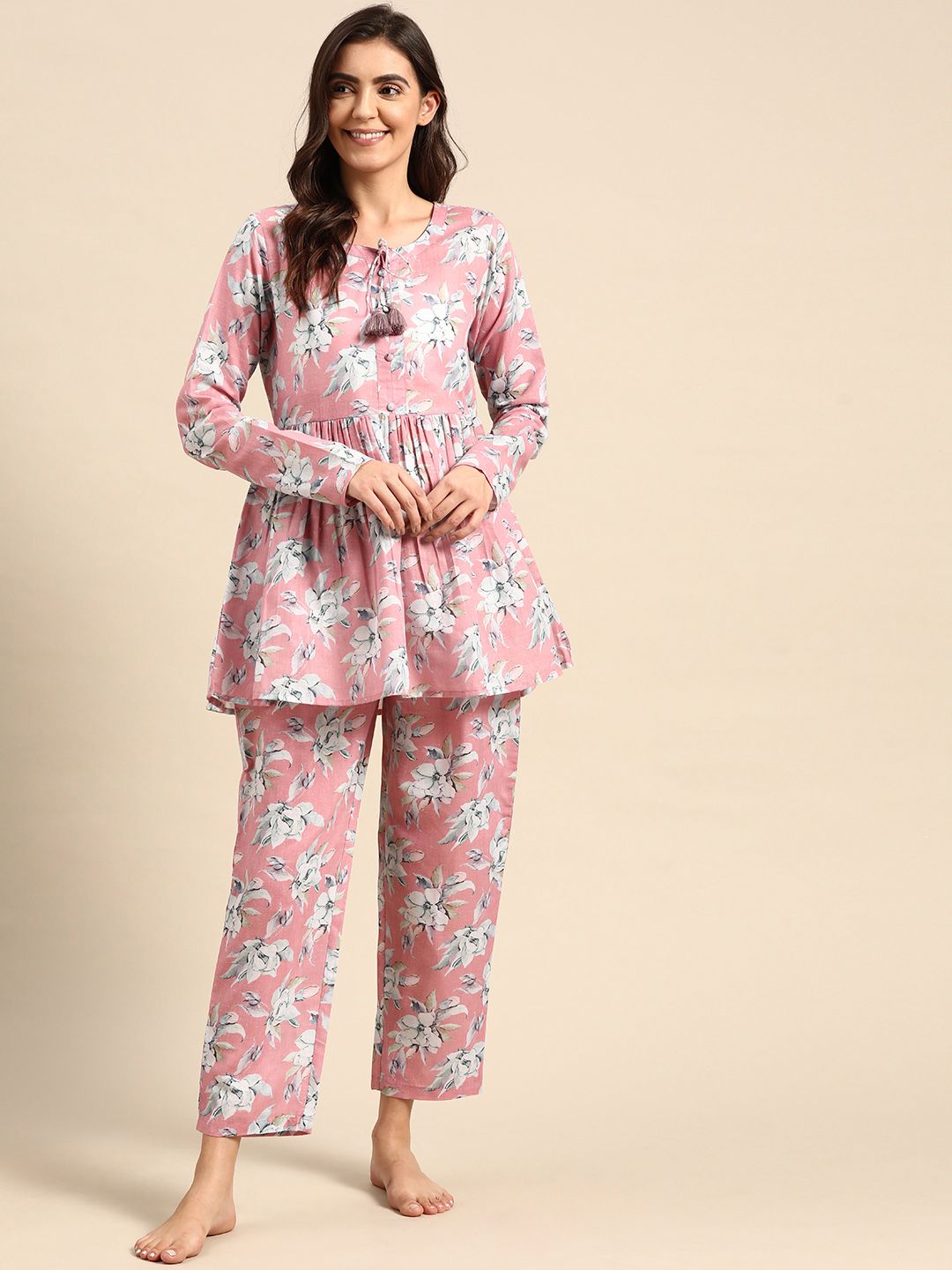 Prakrti Women Pink & White Floral Print Pure Cotton Pyjama Set Price in India