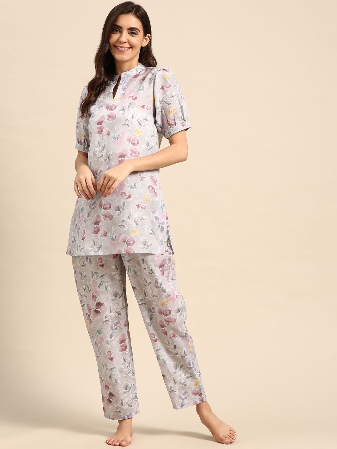 Prakrti Women Grey & Multicoloured Printed Cotton Night suit Price in India