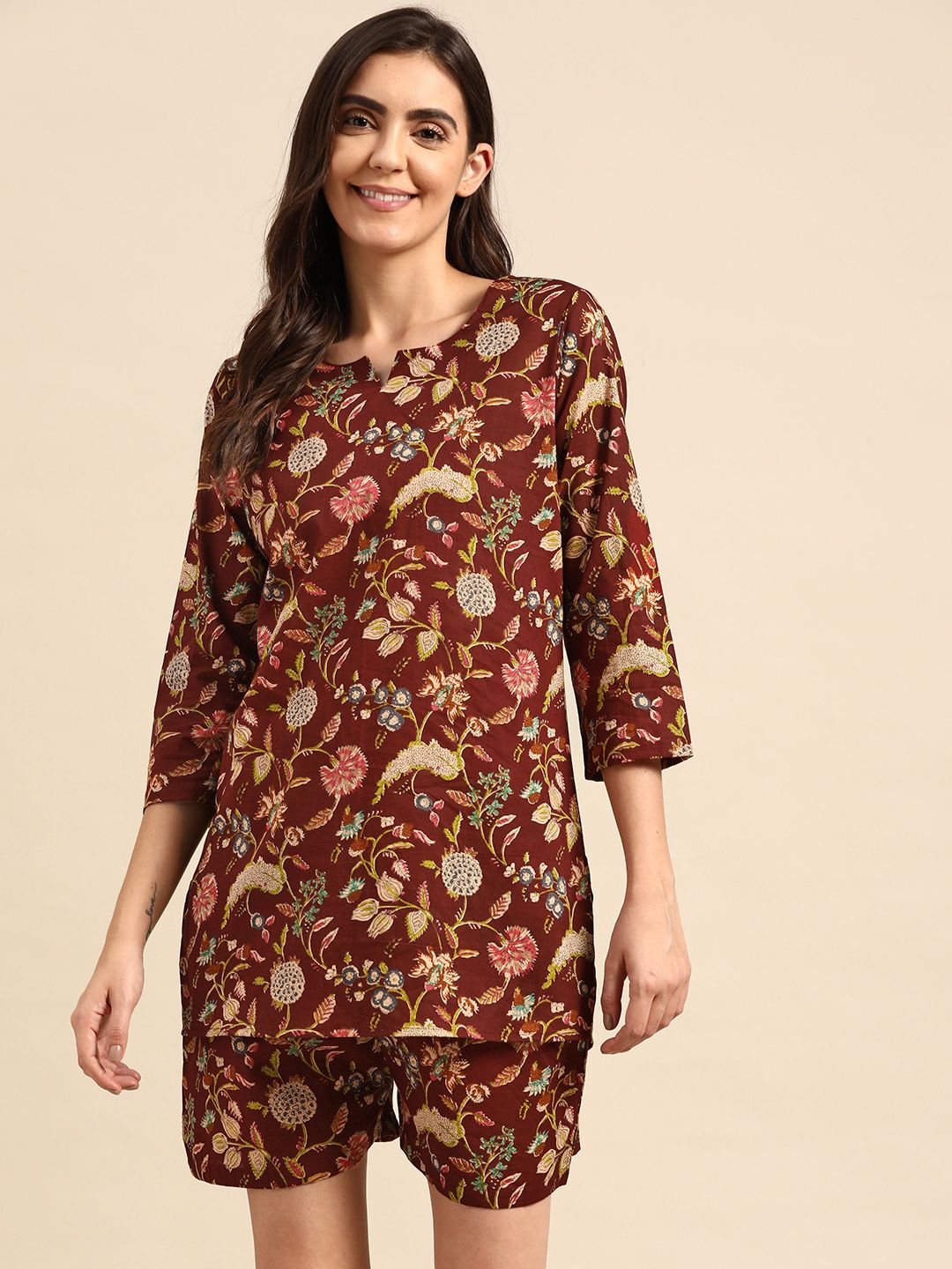 Prakrti Women Maroon & Multicoloured Printed Cotton Night suit Price in India