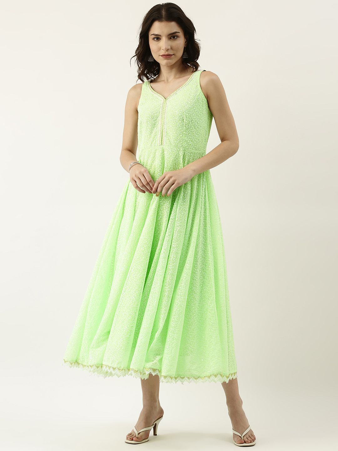 SWAGG INDIA Women Green & Off White Chikankari Embroidered A-Line Midi Dress Price in India