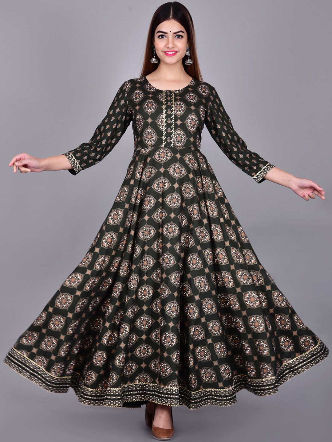 KALINI Women Green & Gold-Toned Ethnic Motifs Printed Anarkali Kurta Price in India