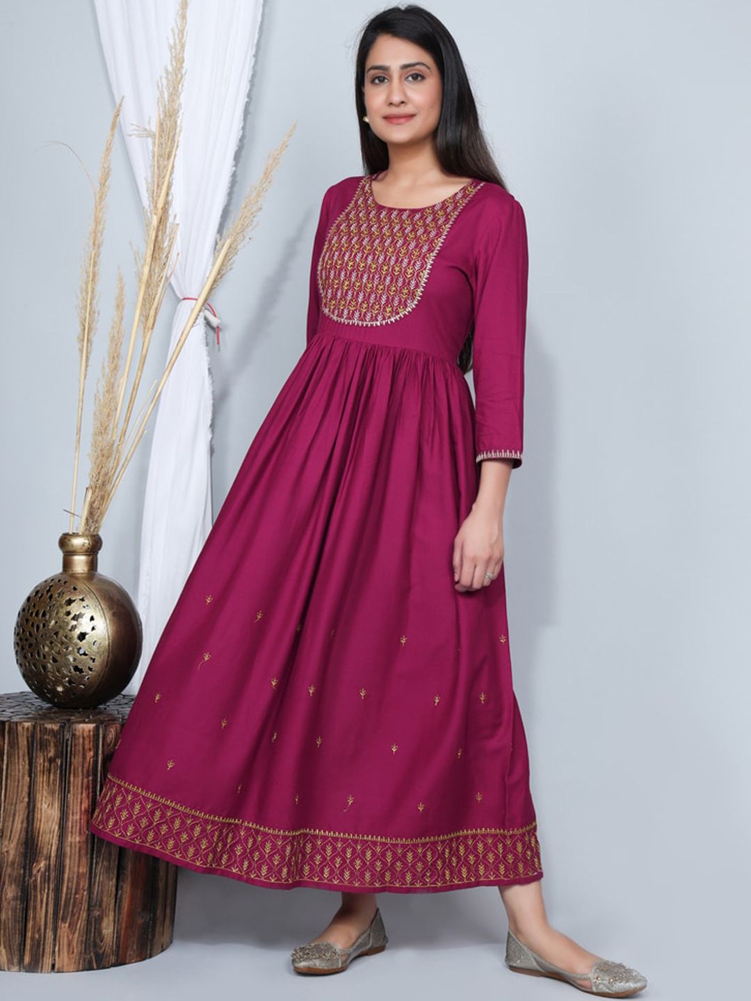 KALINI Women Maroon Ethnic Motifs Yoke Design Cold-Shoulder Sleeves Anarkali Kurta Price in India