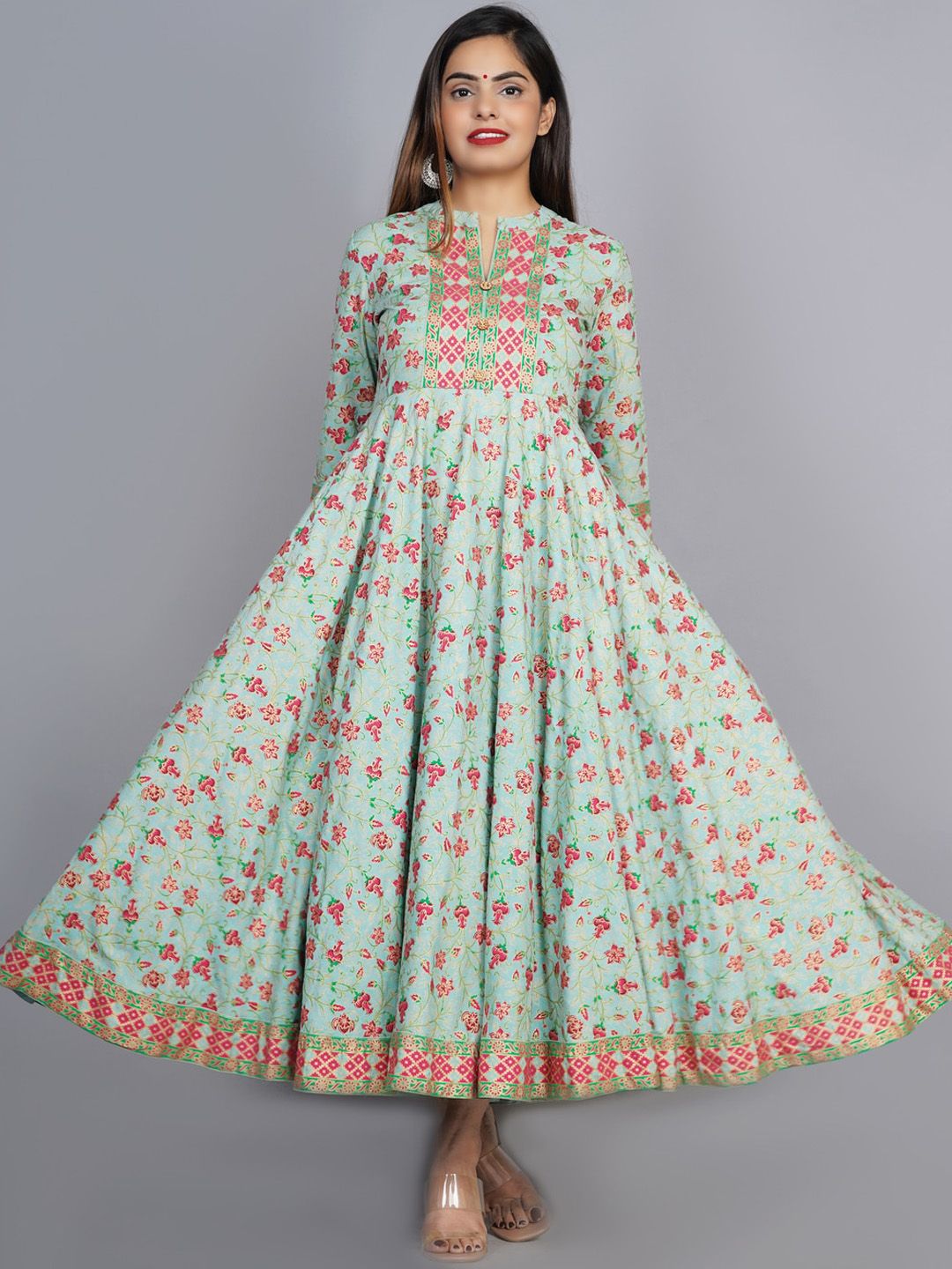 KALINI Women Sea Green & Pink Floral Printed Anarkali Kurta Price in India