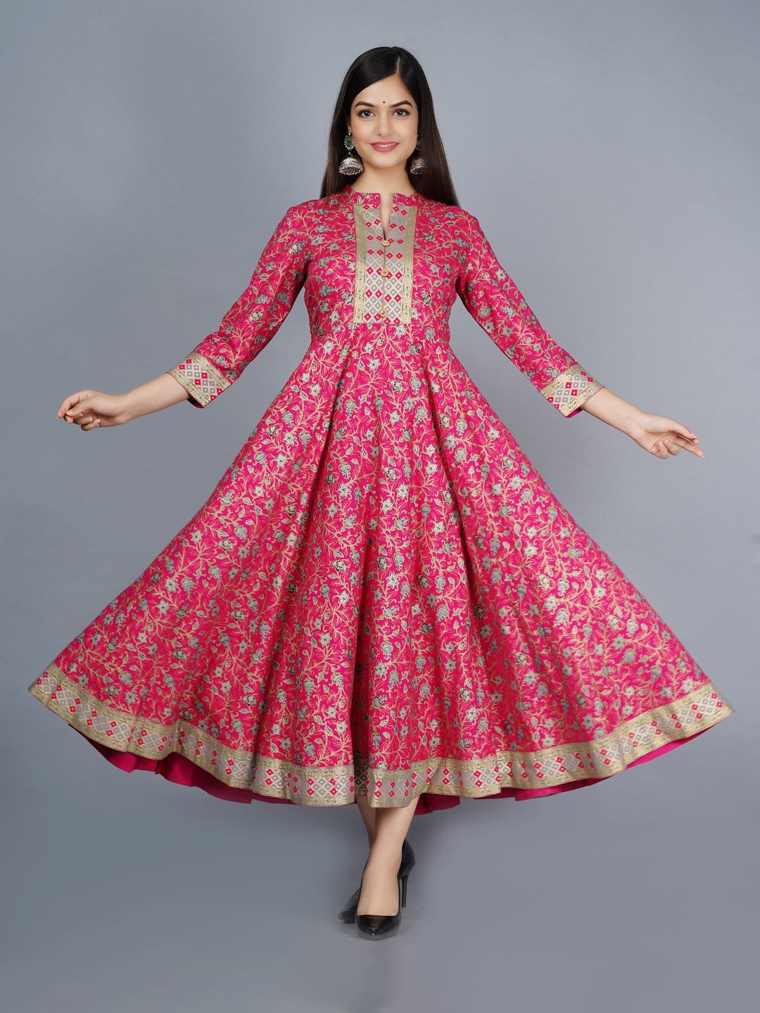 KALINI Women Fuchsia & Golden Ethnic Motifs Printed Anarkali Kurta Price in India