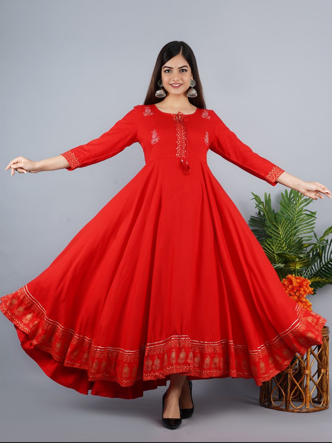 KALINI Women Red Ethnic Motifs Embroidered Keyhole Neck Anarkali Kurta Price in India