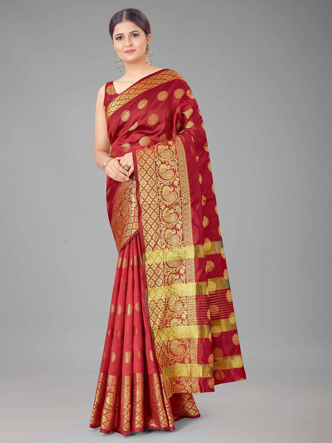 Silk Land Red & Gold-Toned Woven Design Zari Pure Silk Banarasi Saree