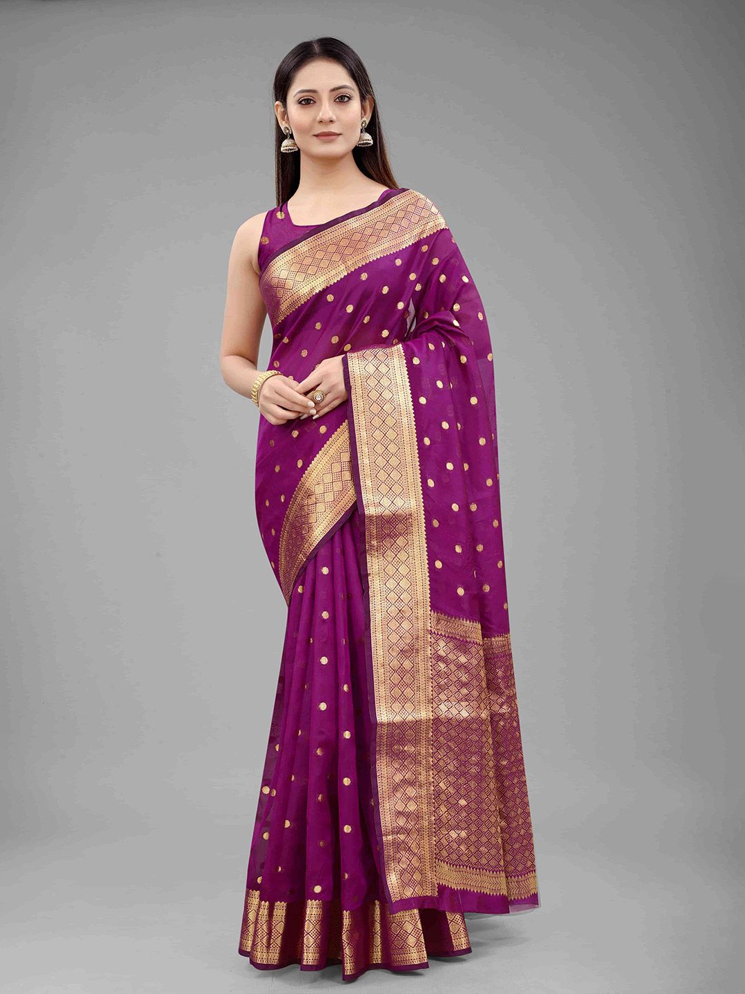 Silk Land Purple & Gold-Toned Woven Design Zari Pure Silk Kanjeevaram Saree