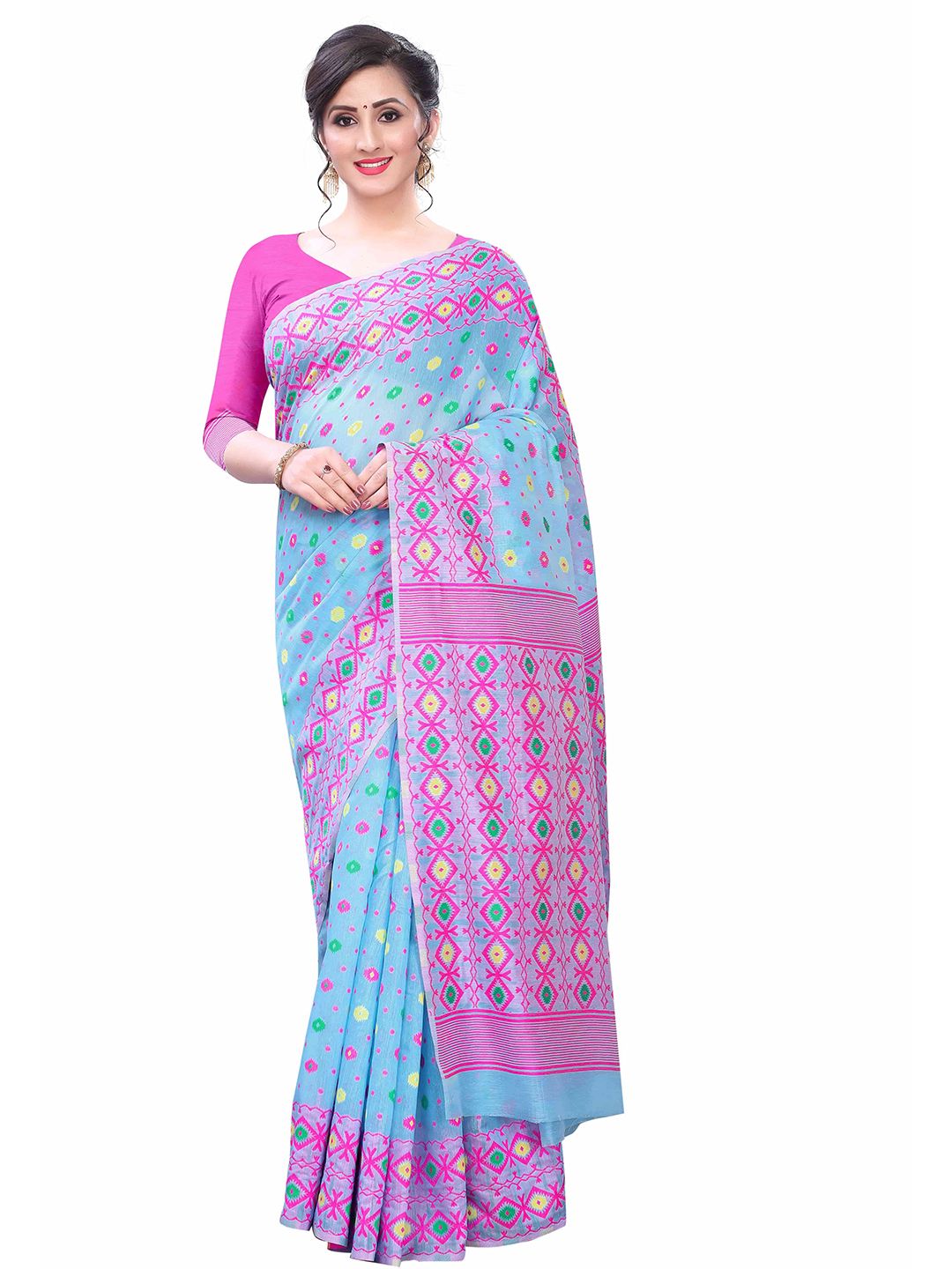 Silk Land Turquoise Blue & Pink Ethnic Motifs Pure Cotton Jamdani Saree