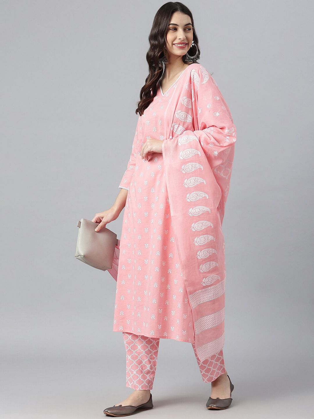 Stylum Women Pink Ethnic Motifs Printed Pure Cotton Kurta with Trousers & With Dupatta Price in India