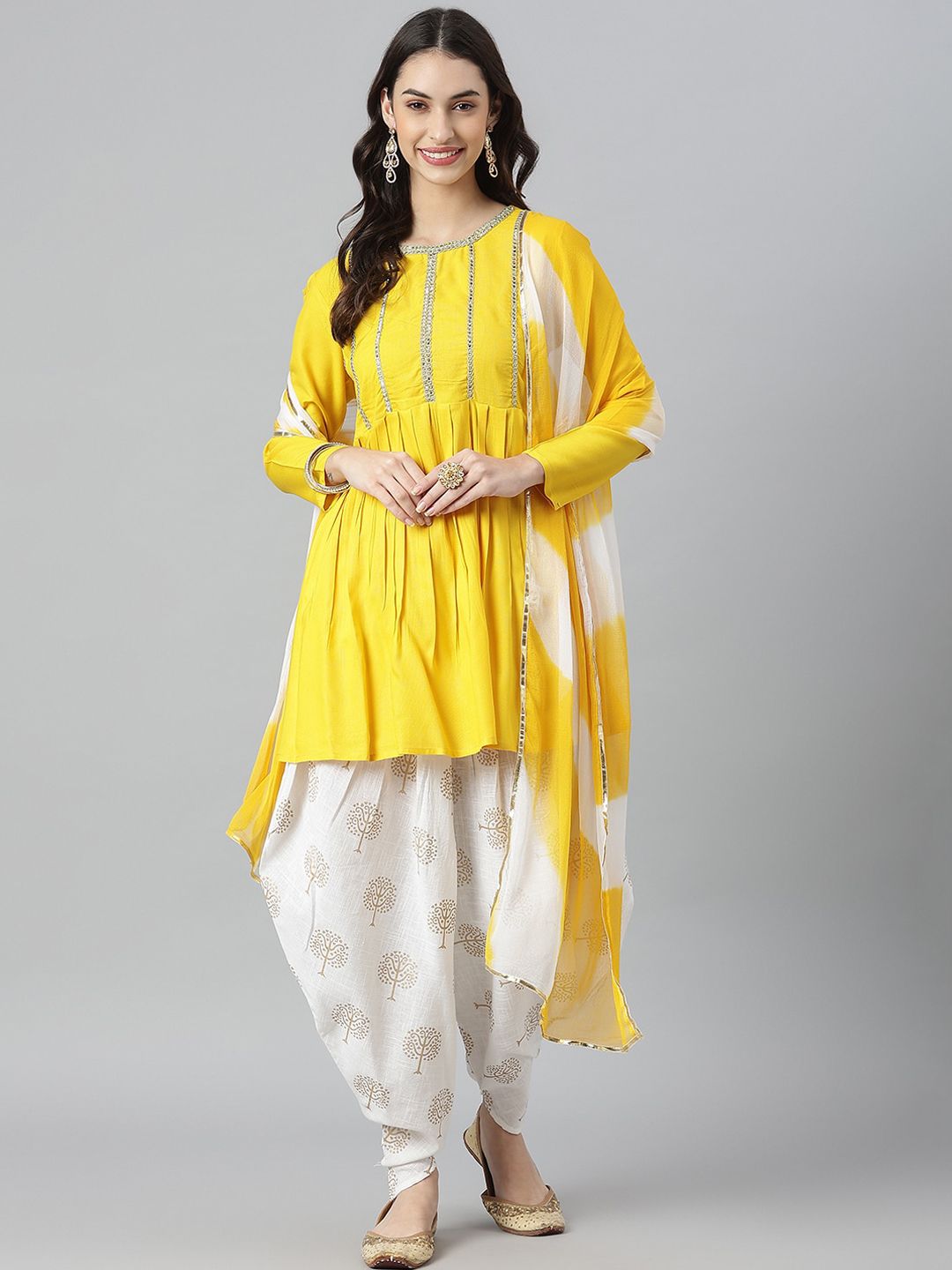 Stylum Women Yellow Ethnic Motifs Yoke Design Pleated Kurti with Dhoti Pants & With Dupatta Price in India