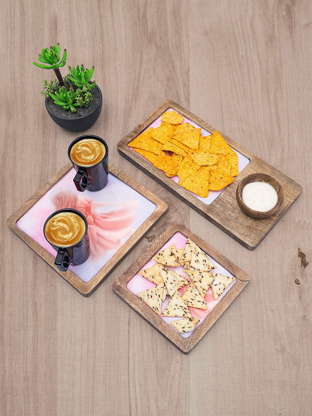Golden Peacock Set Of 3 Brown & Orange Printed Wooden Trays With Bowl Price in India