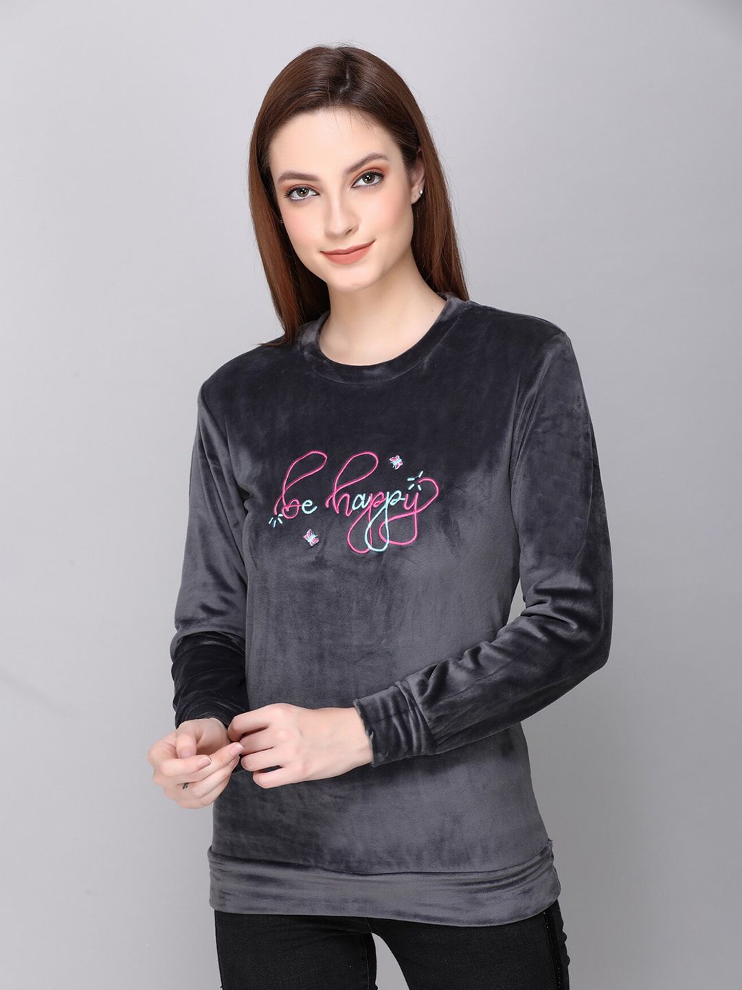 CUSHYBEE Women Charcoal Embroidered Sweatshirt Price in India