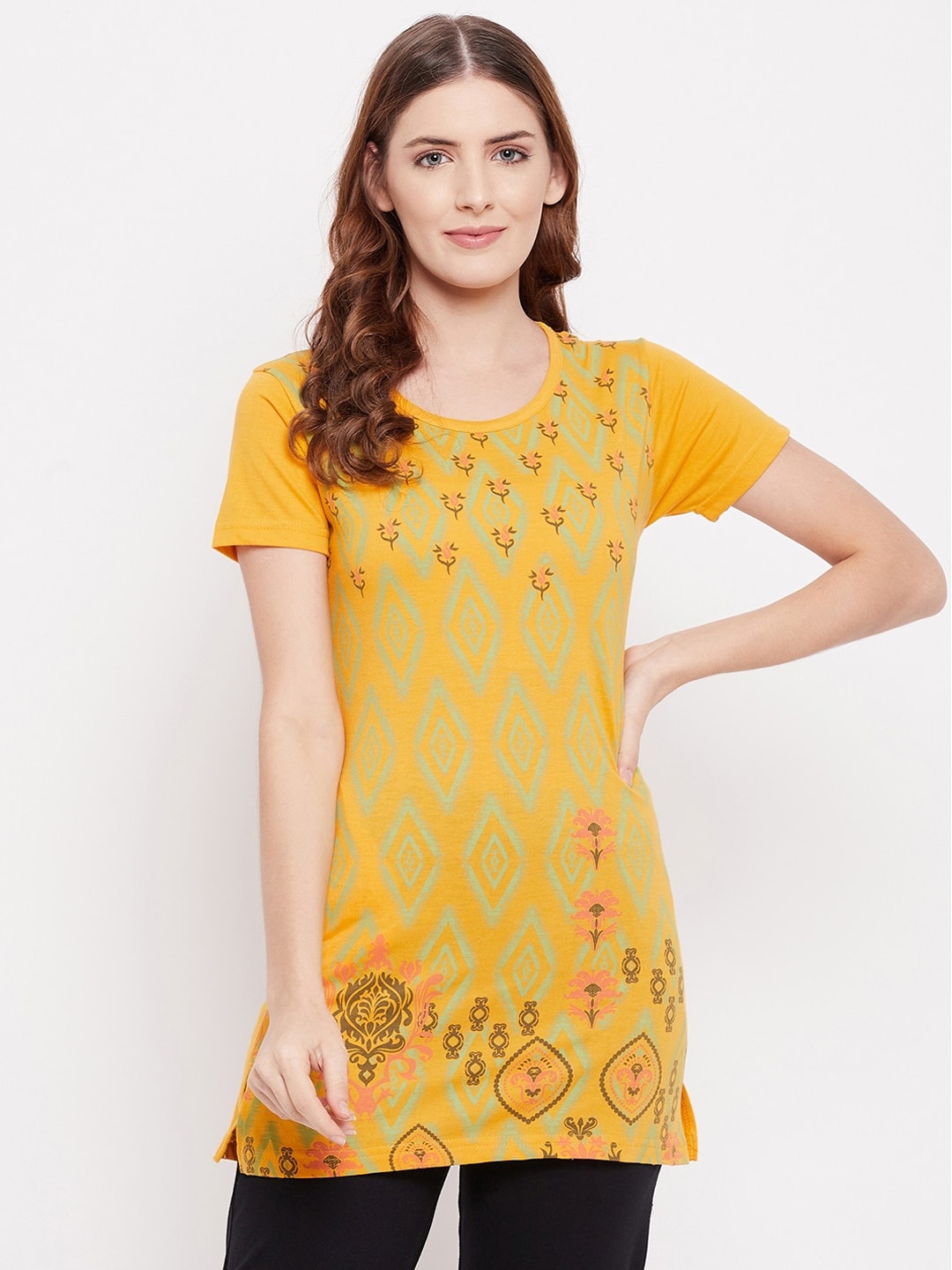 THE MILLION CLUB Women Yellow Printed Cotton Lounge Tshirt Price in India