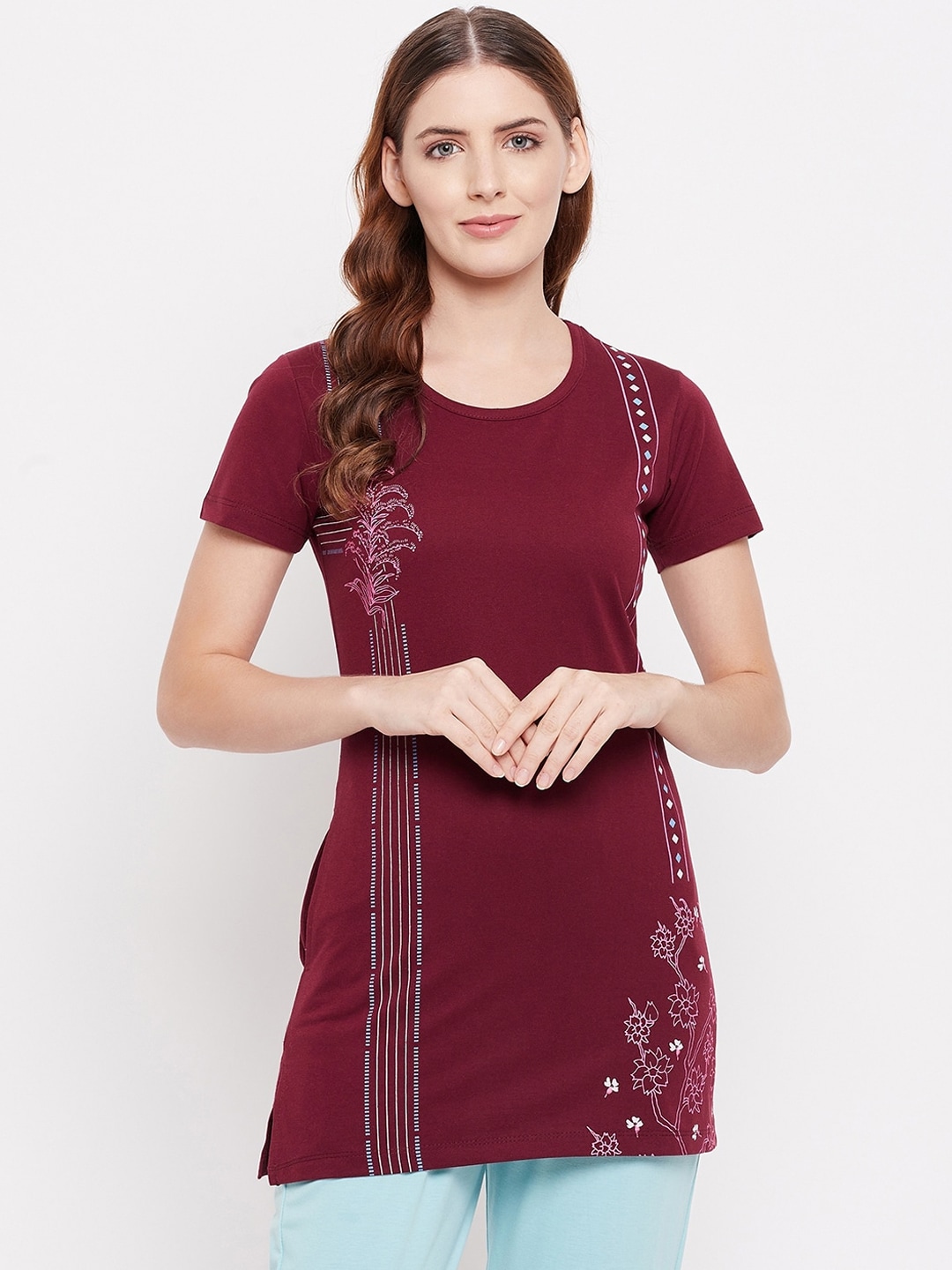 THE MILLION CLUB Women Maroon Printed Cotton Lounge T-shirts Price in India