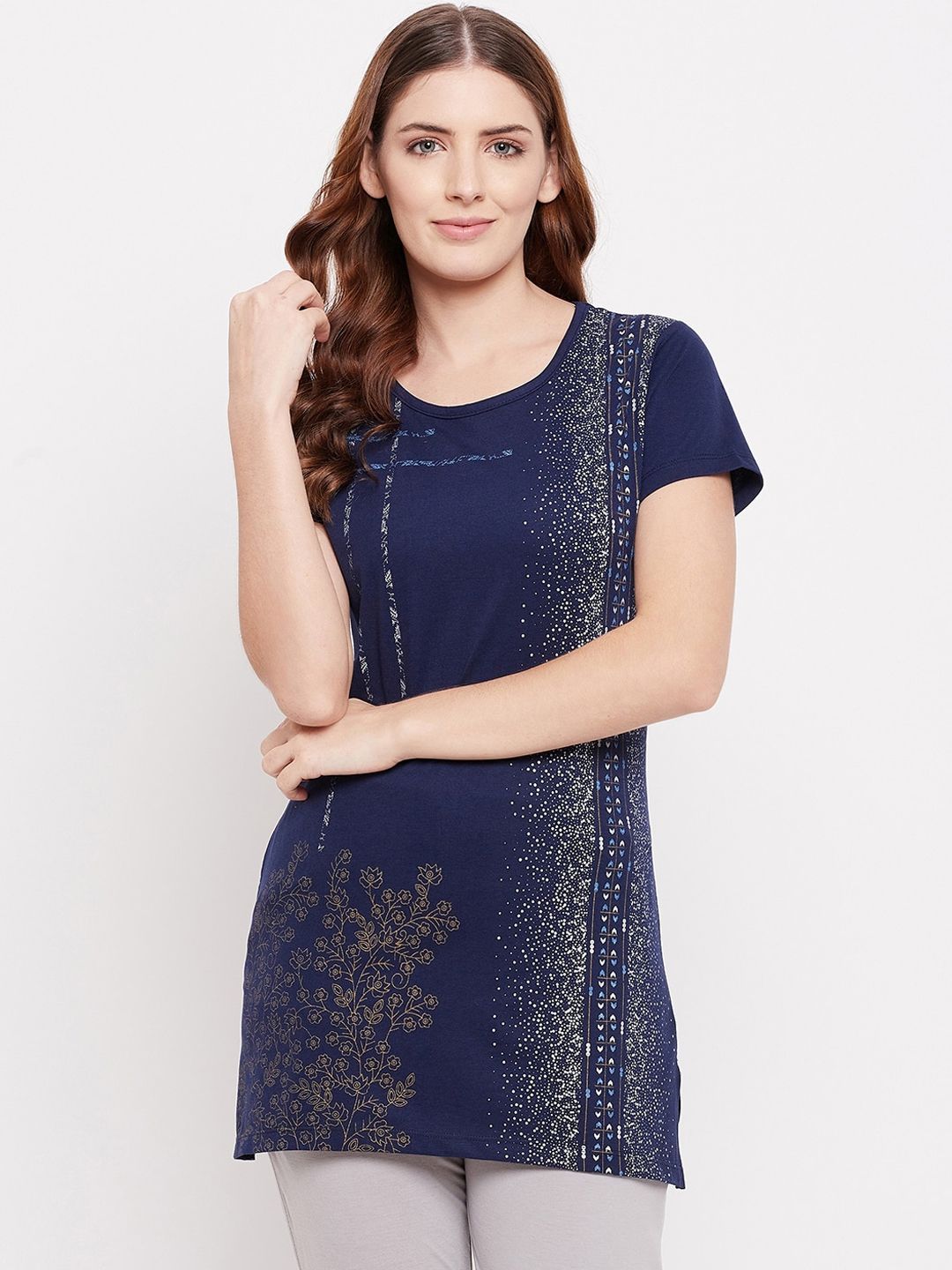 THE MILLION CLUB Women Plus Size Navy Blue Solid Cotton Lounge Tshirts Price in India