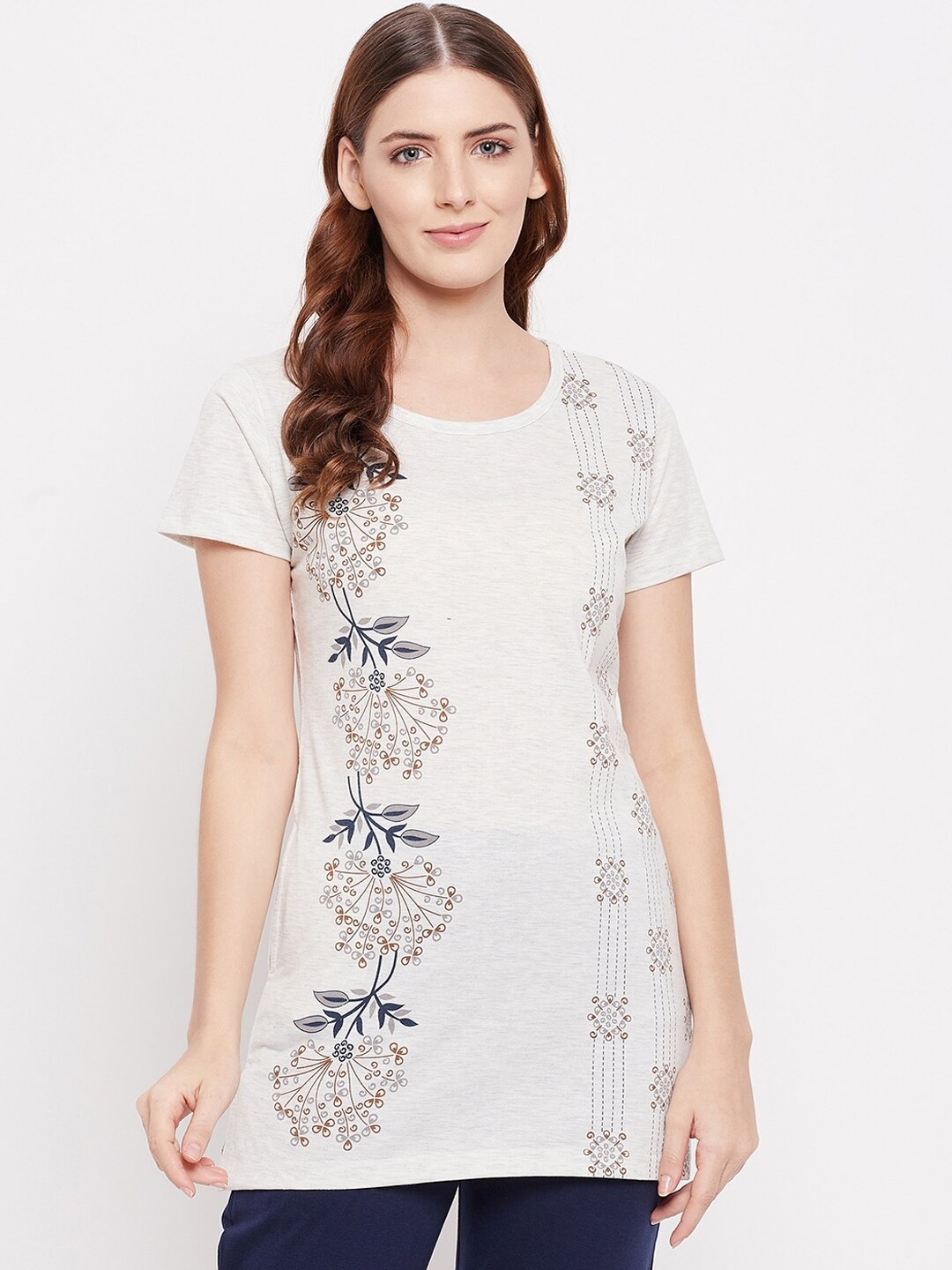 THE MILLION CLUB Women Off-White & Blue Ethnic Motifs Printed Cotton Lounge T-Shirt Price in India