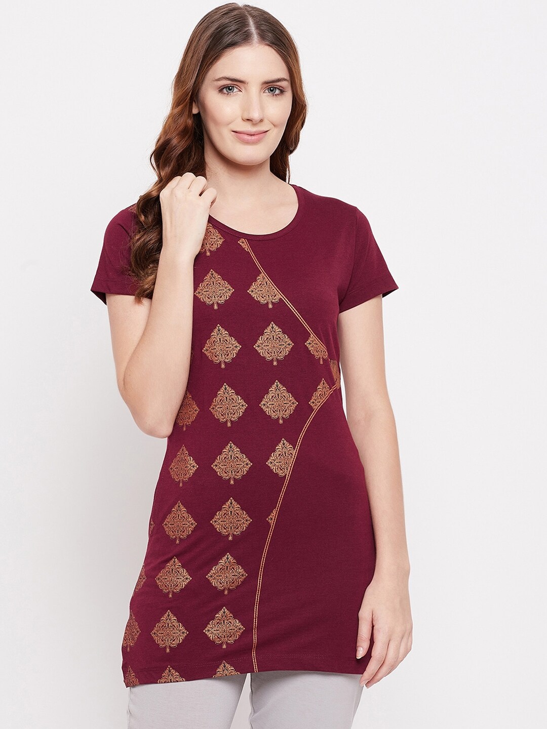THE MILLION CLUB Women Maroon & Golden Printed Cotton Lounge T-shirt Price in India