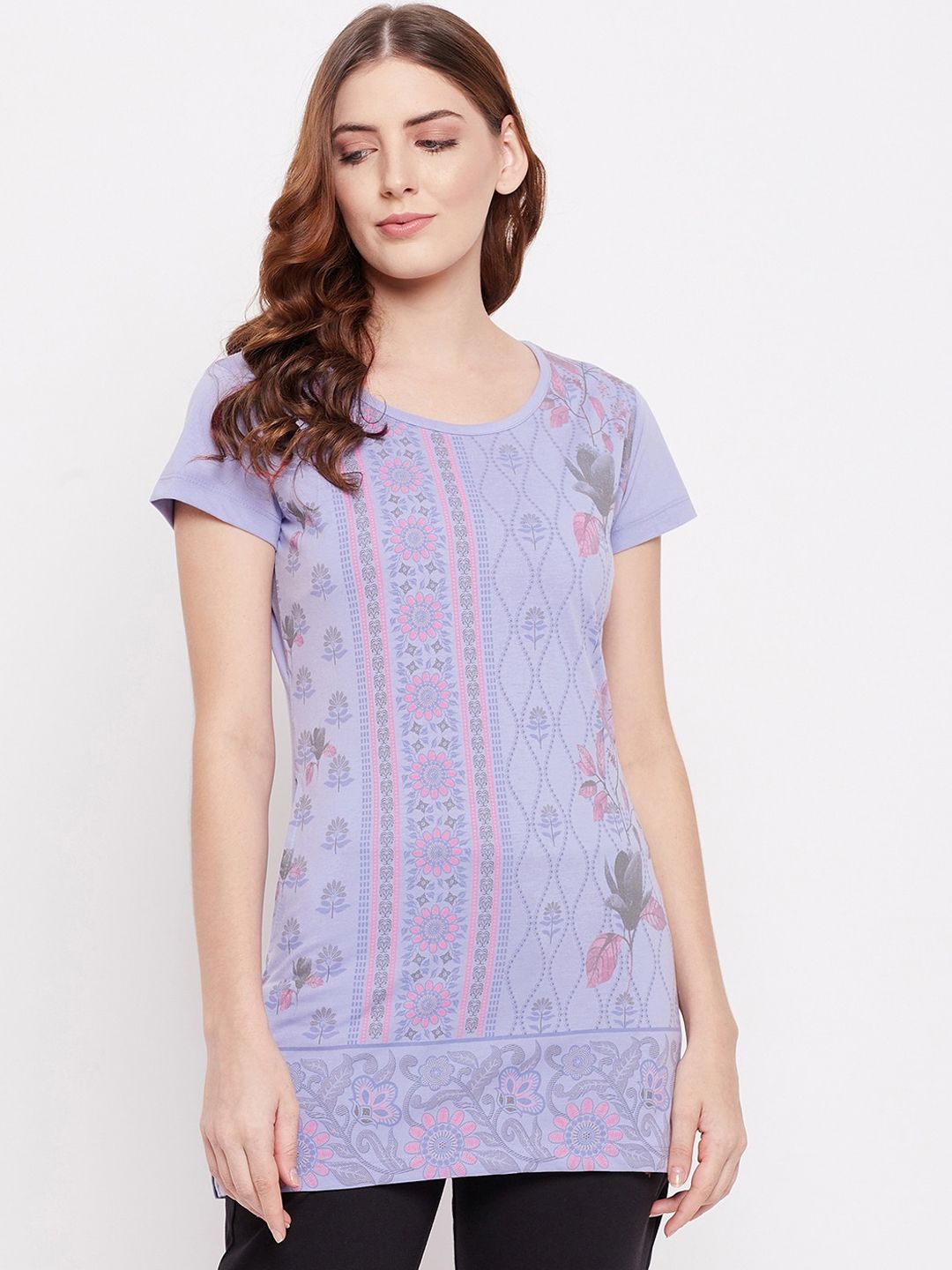 THE MILLION CLUB Women Purple & Pink Printed Cotton Longline Lounge T-Shirt Price in India