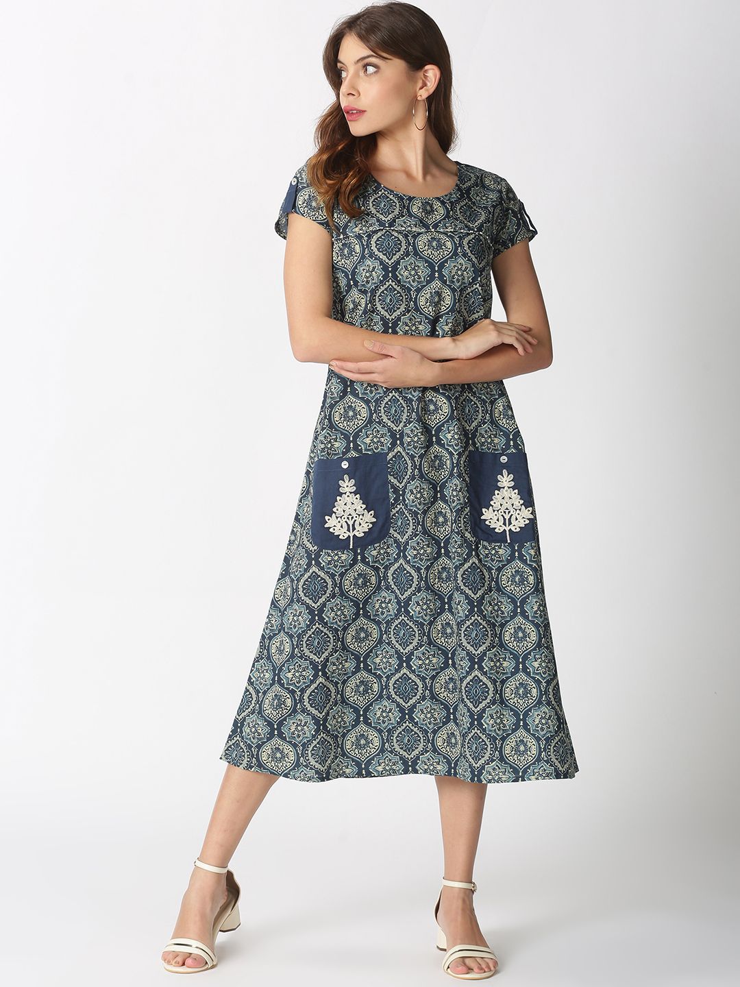 Saffron Threads Women Blue Ethnic Motifs Printed Cotton A-Line Midi Dress Price in India
