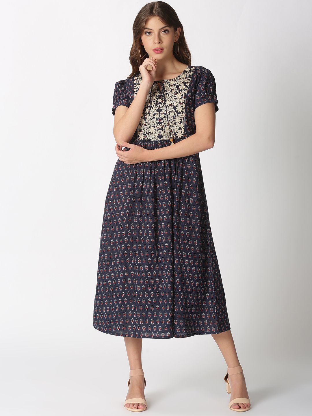 Saffron Threads Women Navy Blue Ethnic Motifs Printed A-Line Midi Dress Price in India