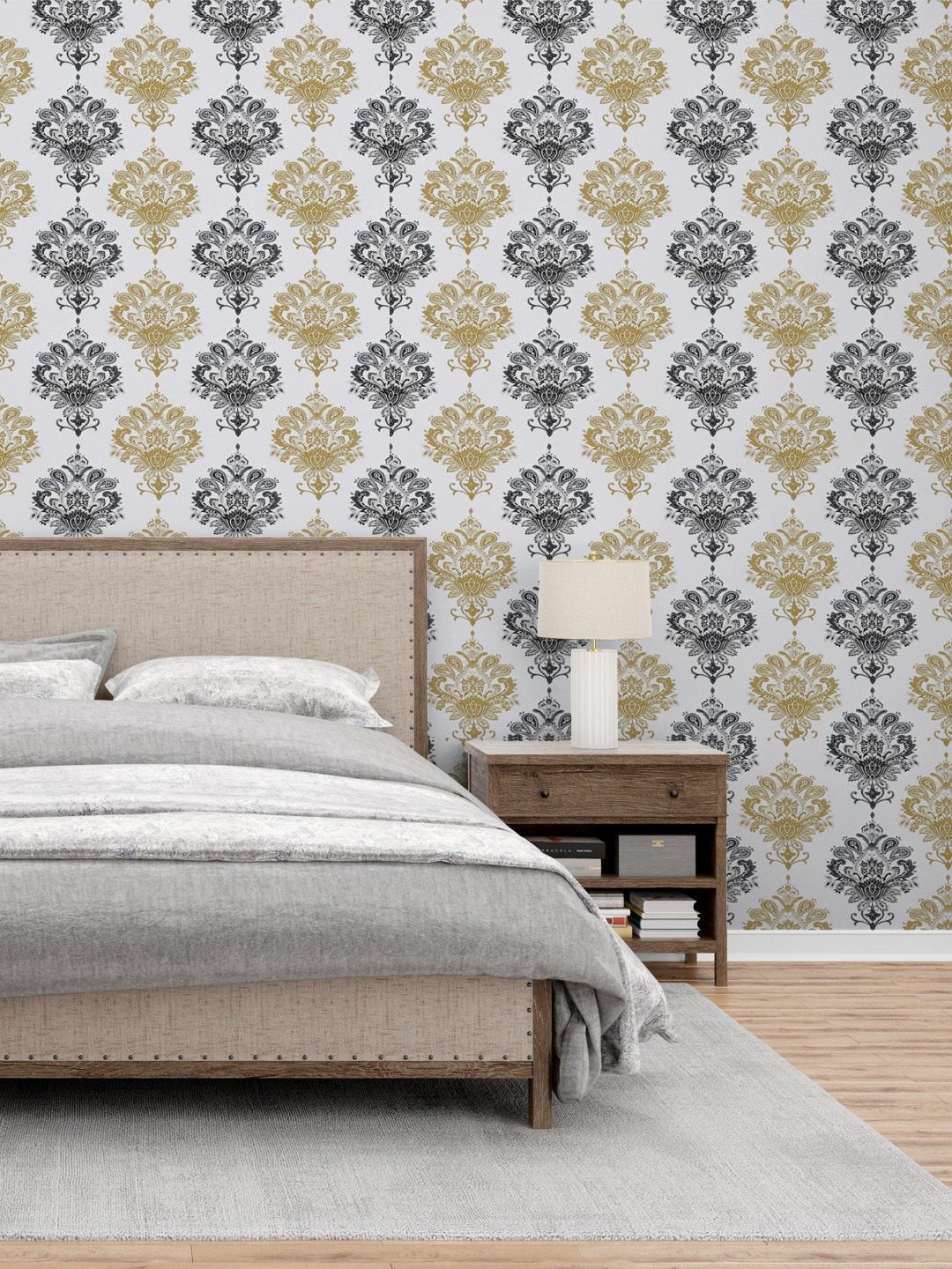 Jaamso Royals Cream and Black Damask Self Adhesive Wallpaper Price in India