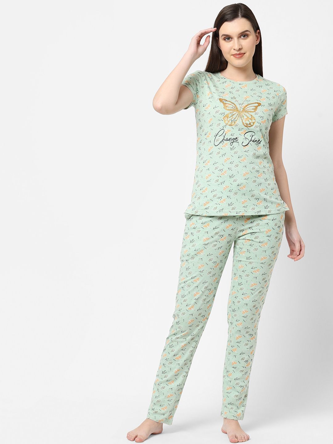 Sweet Dreams Women Green & Orange Printed Night suit Price in India