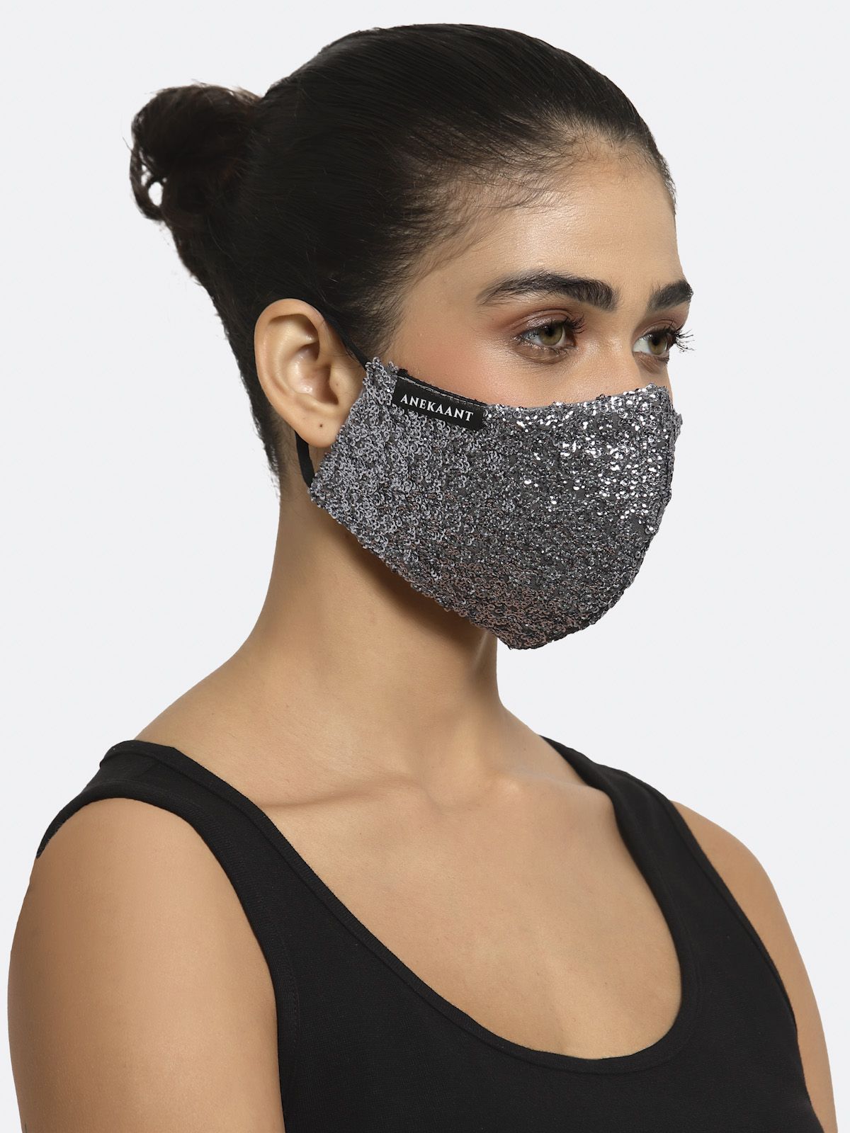 Anekaant Women Black & Silver Sequinned 3-Ply Polycotton Designer Mask Price in India