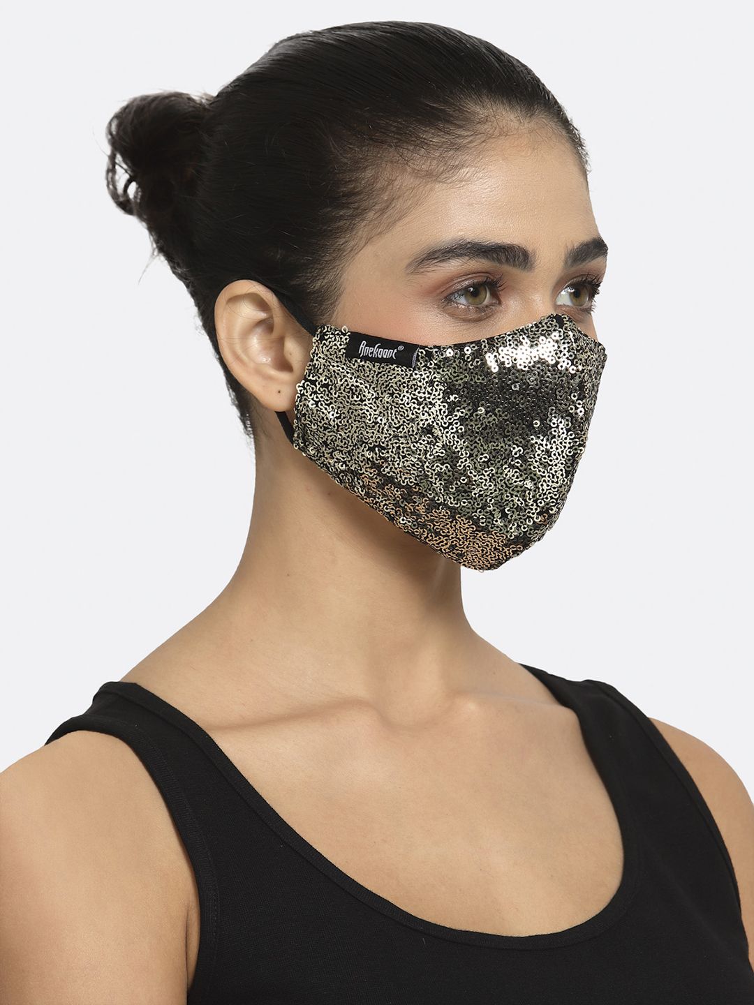 Anekaant Women Black & Gold Sequinned 3-Ply Reusable Anti-Pollution Cloth Face Mask Price in India