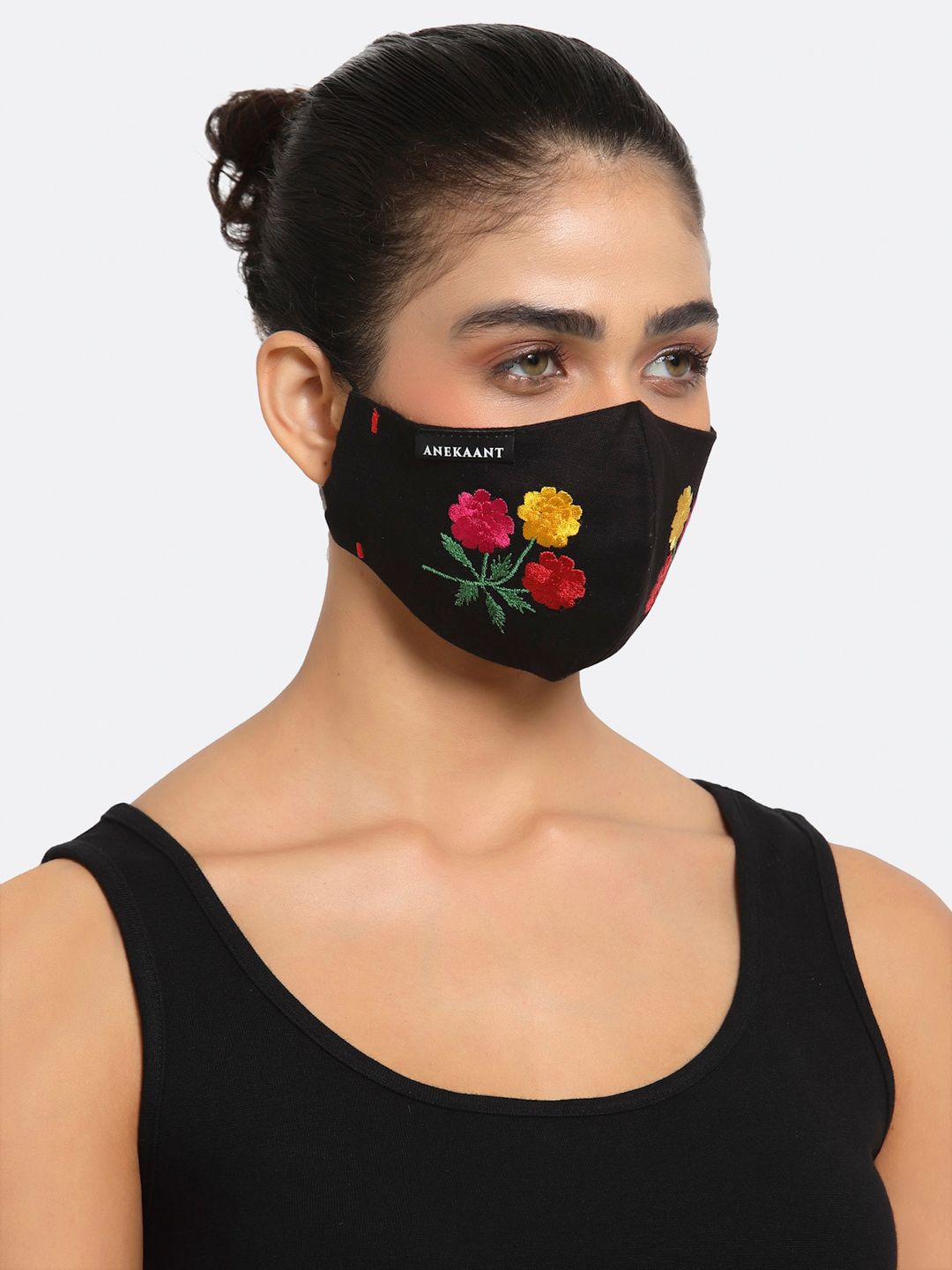 Anekaant Women Black Embroidered 3-Ply Cotton Designer Mask Price in India