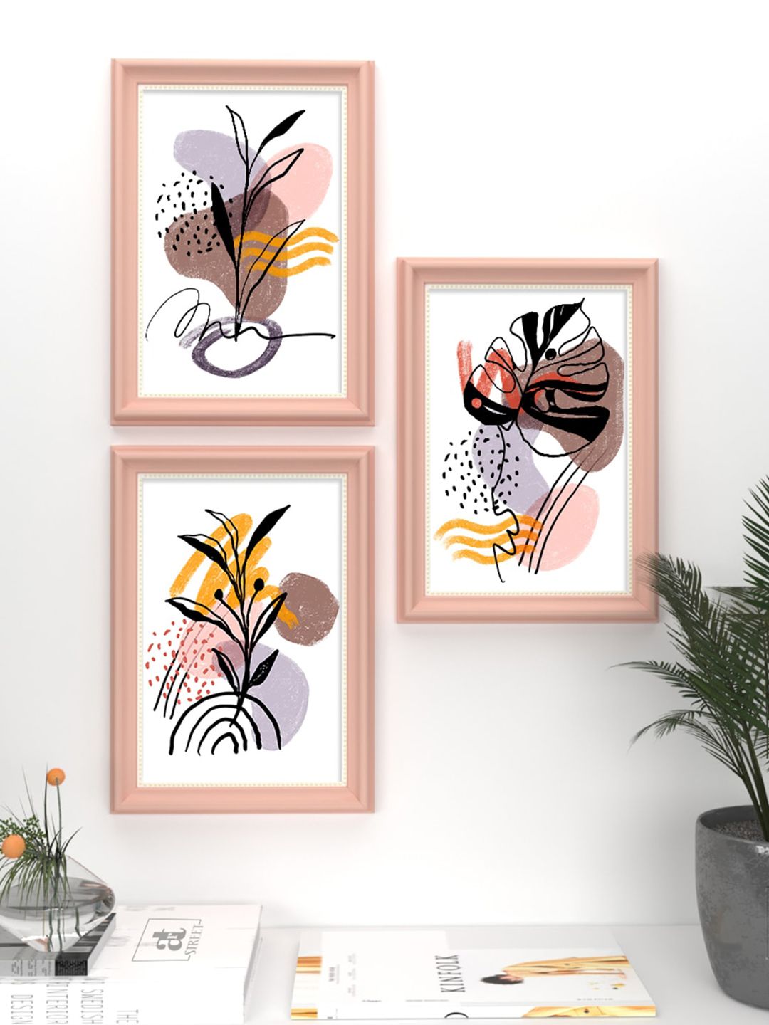 Art Street Set of 3 Black & Pink Leaves Framed Art Prints Wall Decor Price in India