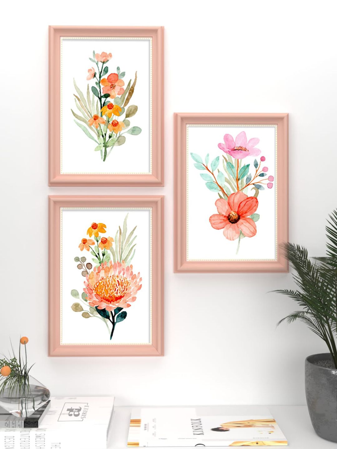 Art Street Set of 3 Peach & Yellow Floral Pink Framed Wall Art Price in India