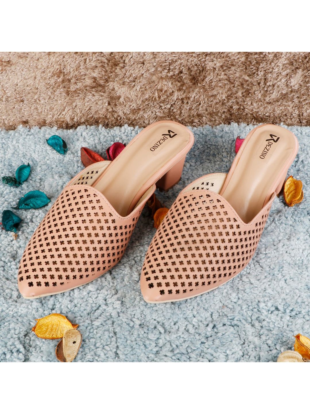 R DEZINO Women Peach-Coloured Block Heels Mules with Laser Cuts Price in India