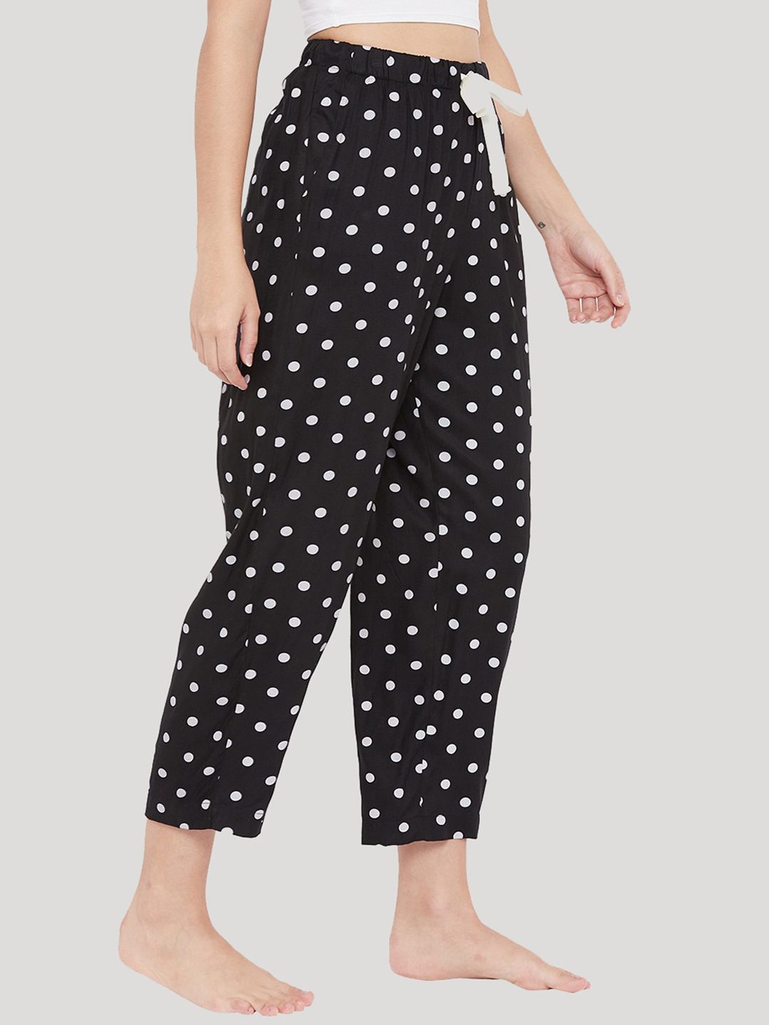 Style SHOES Women Black & White Polka Dots Printed Cotton Lounge Pants Price in India