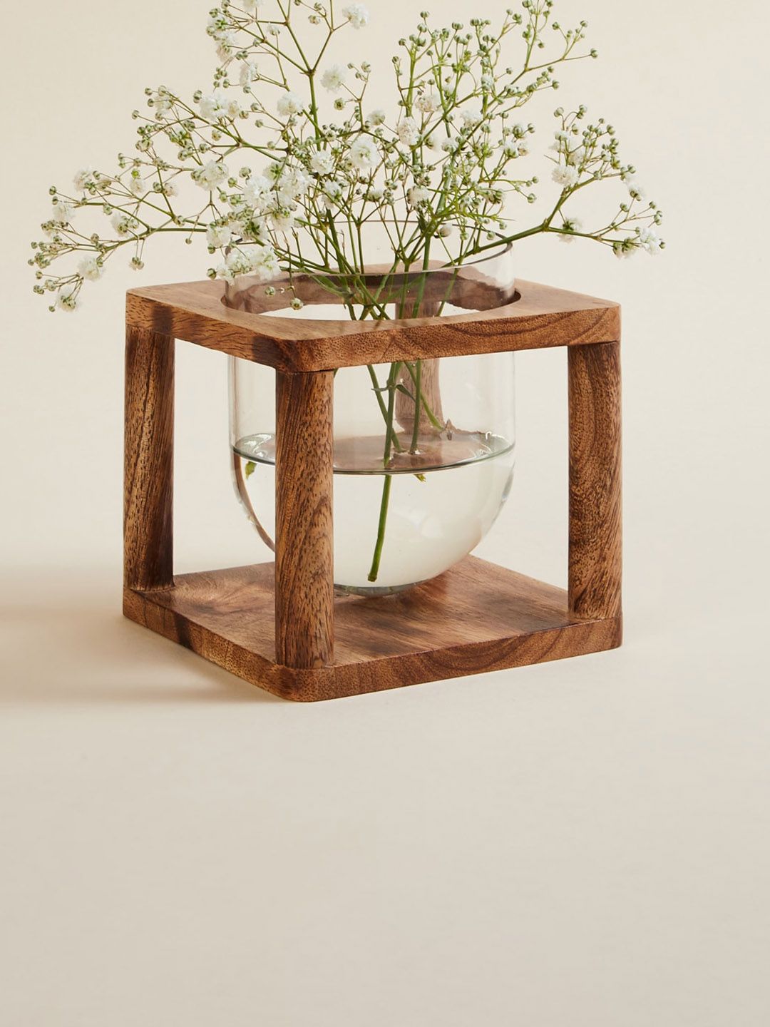 Home Centre Brown & Transparent Solid Wooden Base Glass Clear Bud Vase Price in India