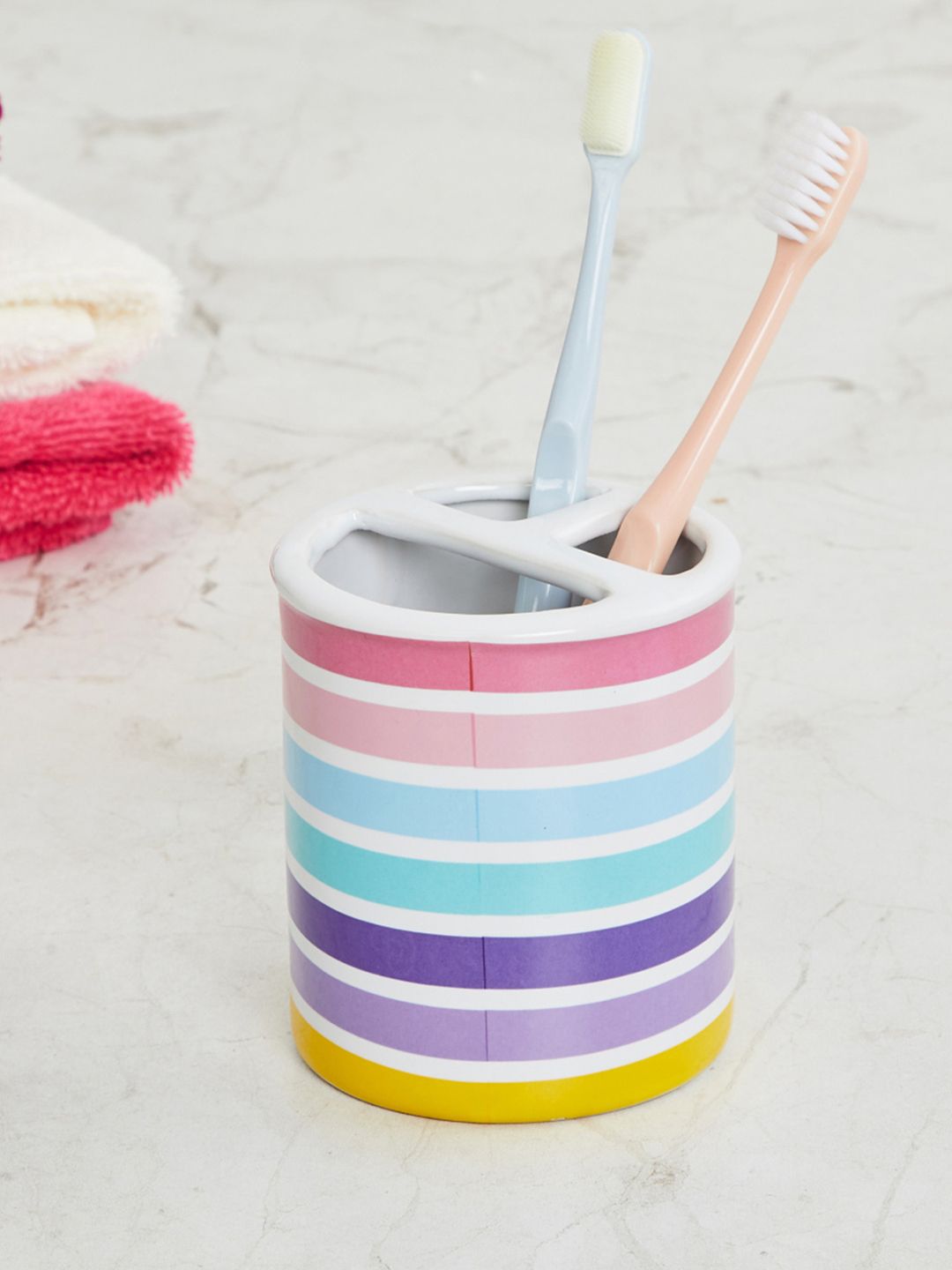 Home Centre White & Blue Striped Ceramic Toothbrush Holder Price in India