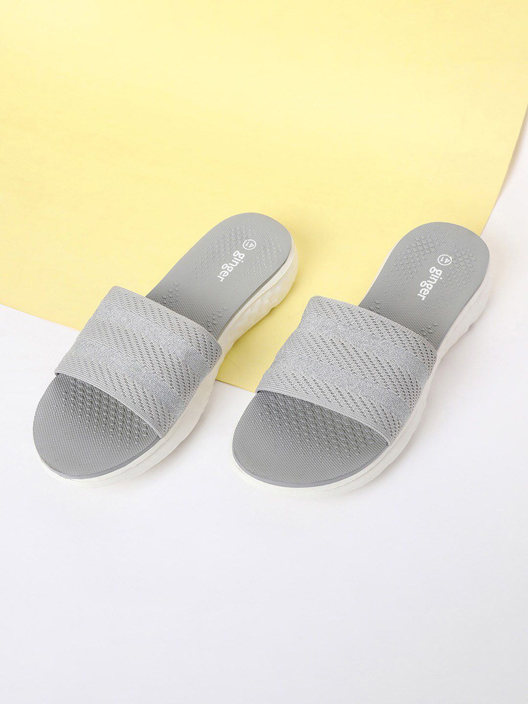 Ginger by Lifestyle Women Grey White Fabric Sliders Price in