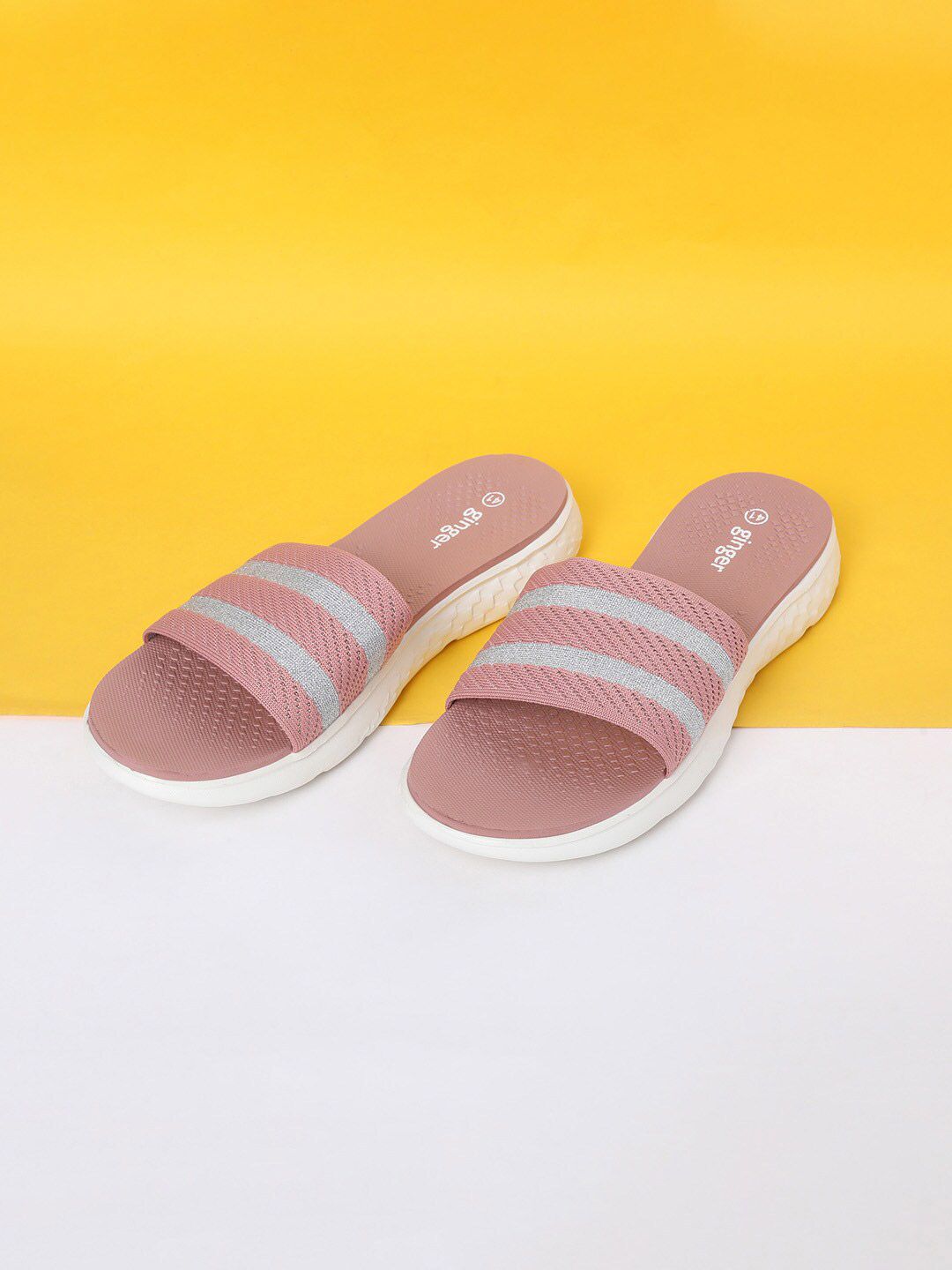 Ginger by Lifestyle Women Pink & Grey Striped Sliders Price in India