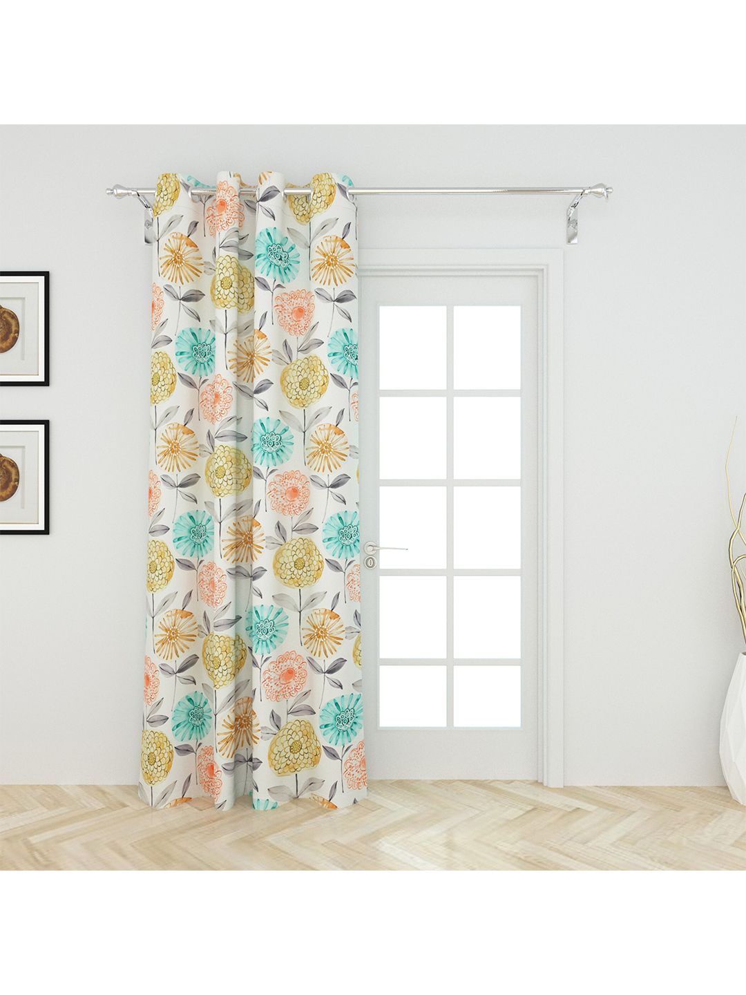 Home Centre Set Of 2 White & Blue Floral Printed Regular Door Curtains Price in India