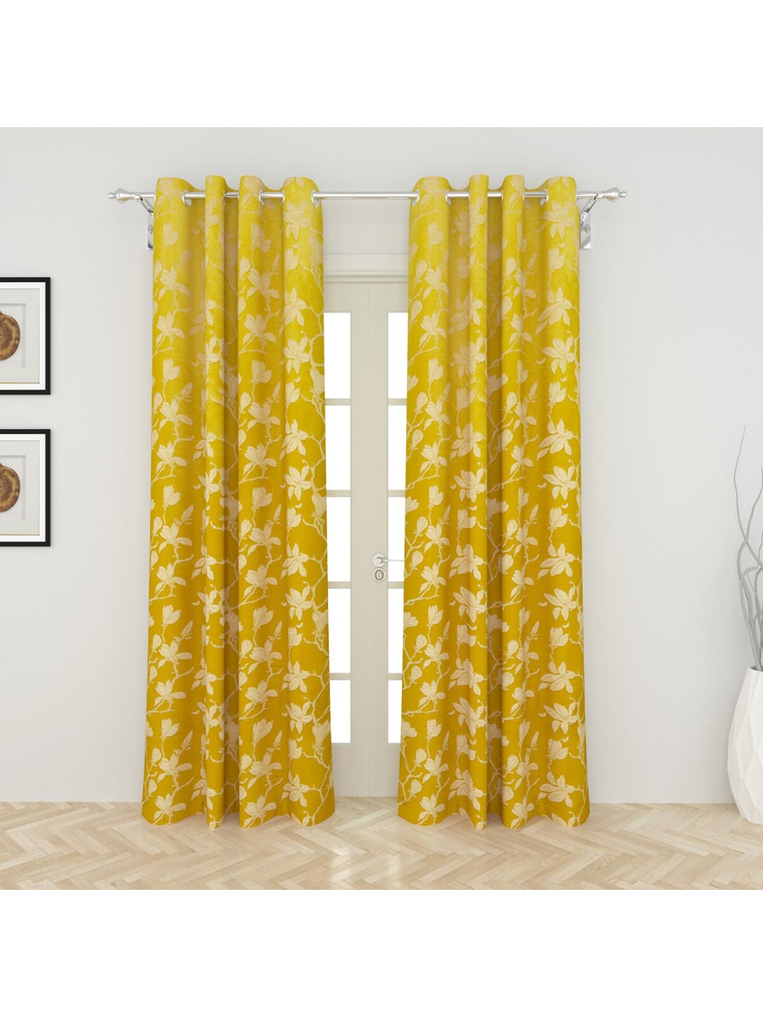 Home Centre Yellow Set of 2 Floral Jacquard Semi-Blackout Door Curtain Price in India