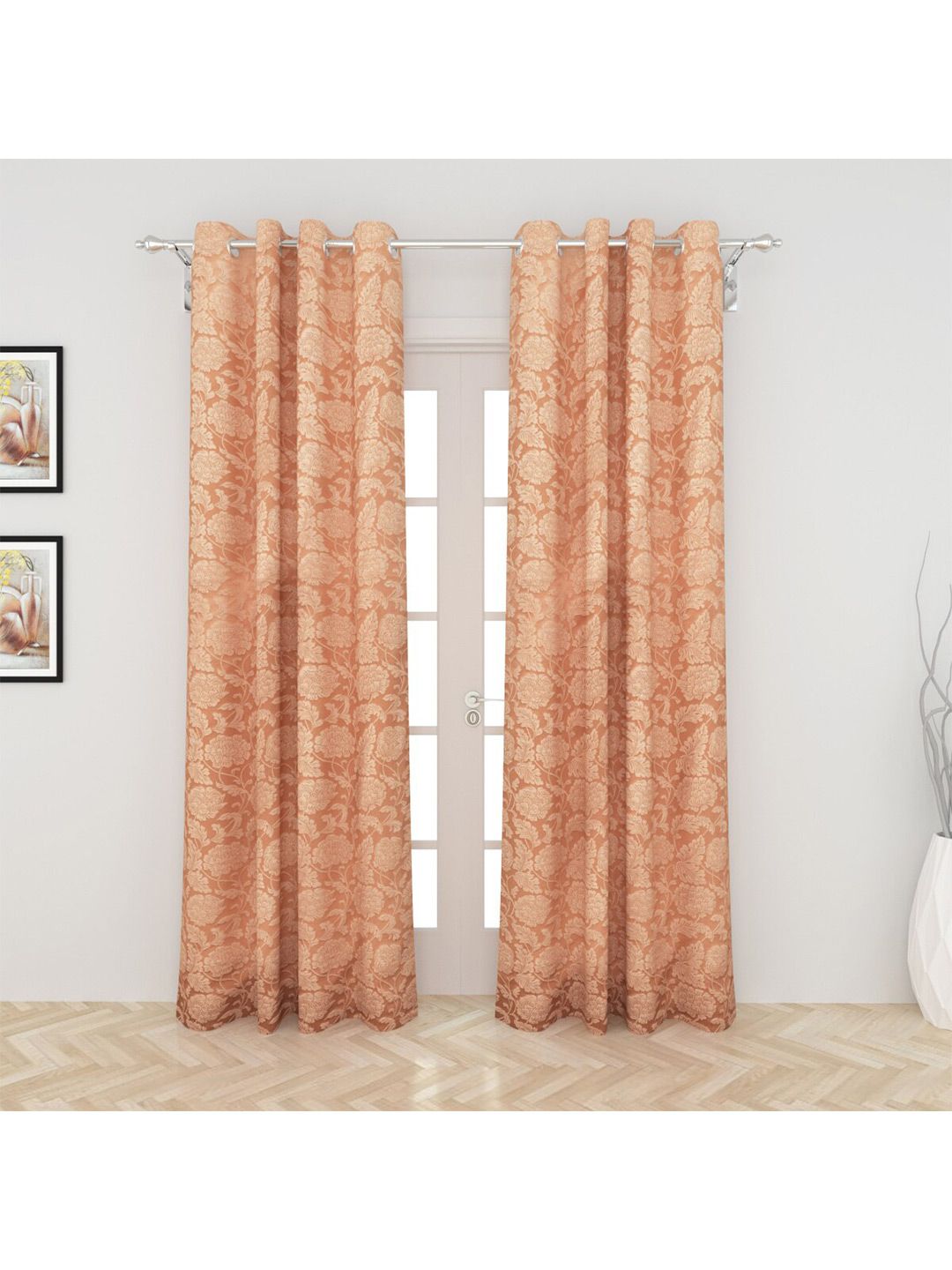 Home Centre Peach-Coloured Set of 2 Floral Black Out Door Curtain Price in India