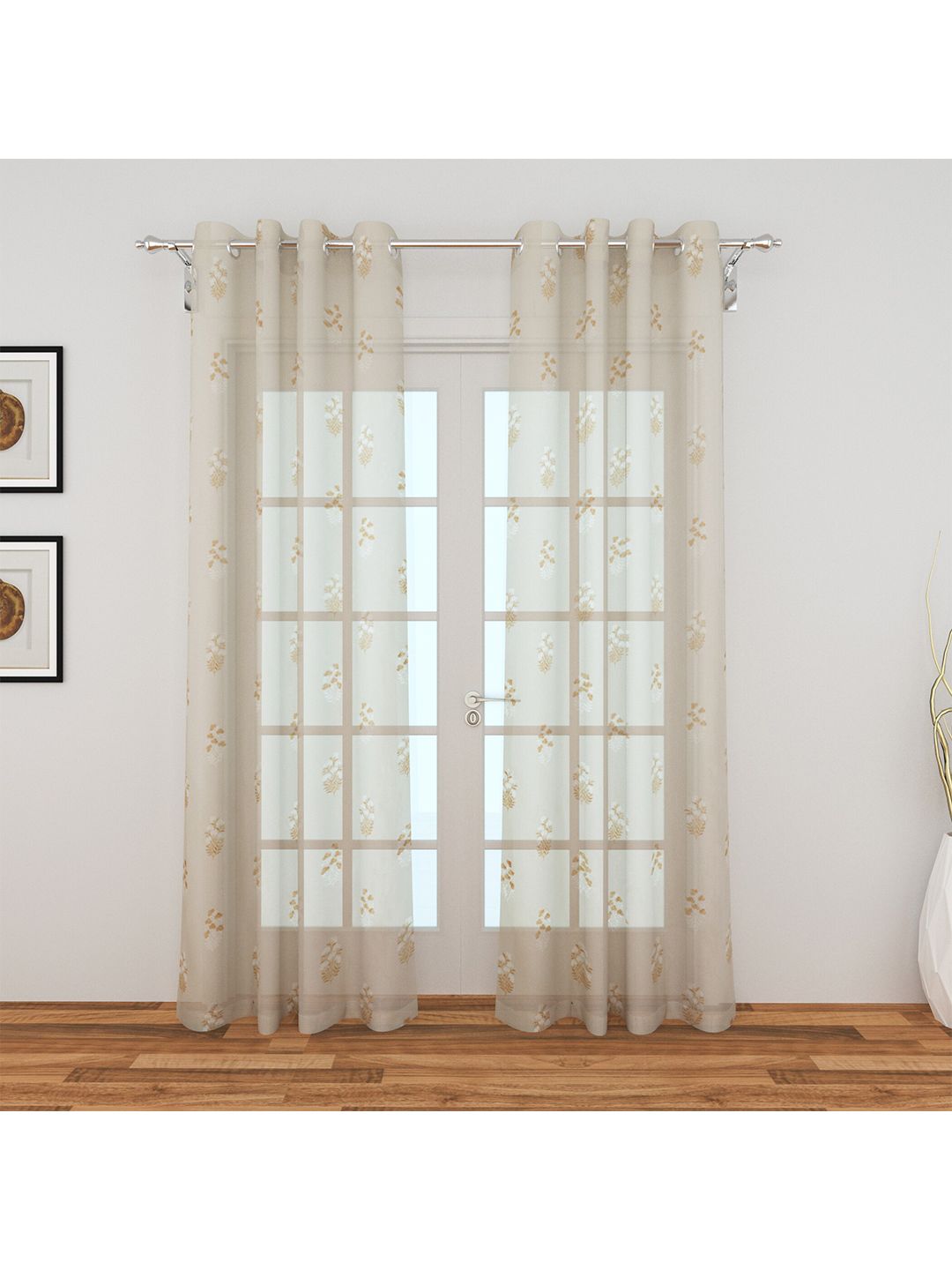 Home Centre Set Of 2 White & Beige Floral Printed Sheer Door Curtains Price in India