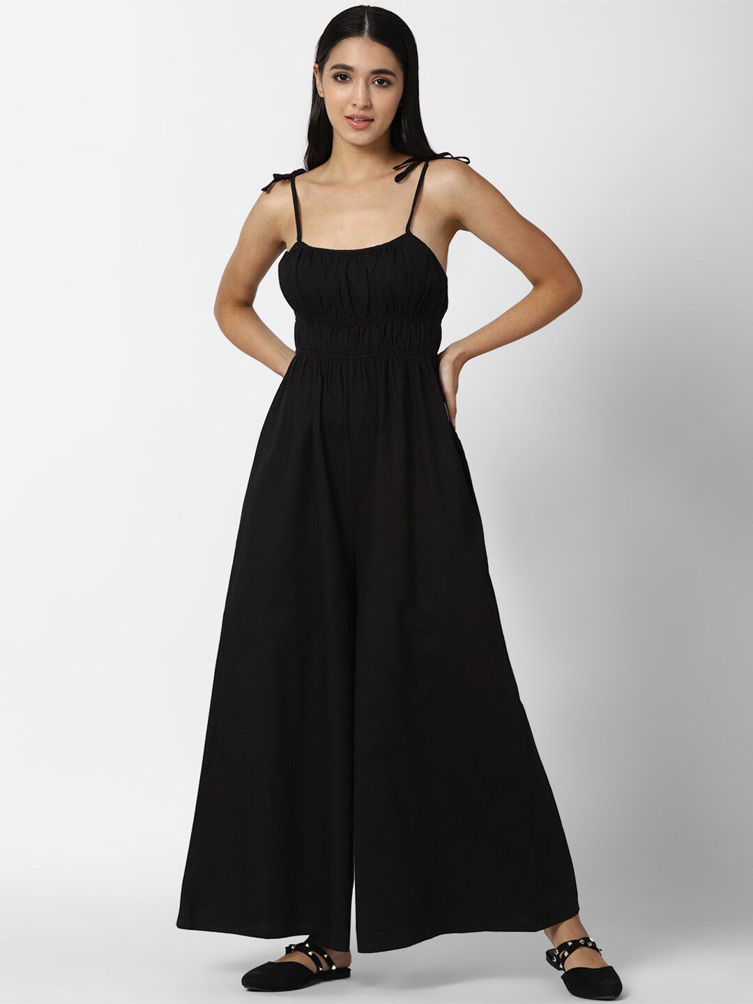 FOREVER 21 Black Solid Pure Cotton Basic Jumpsuit Price in India