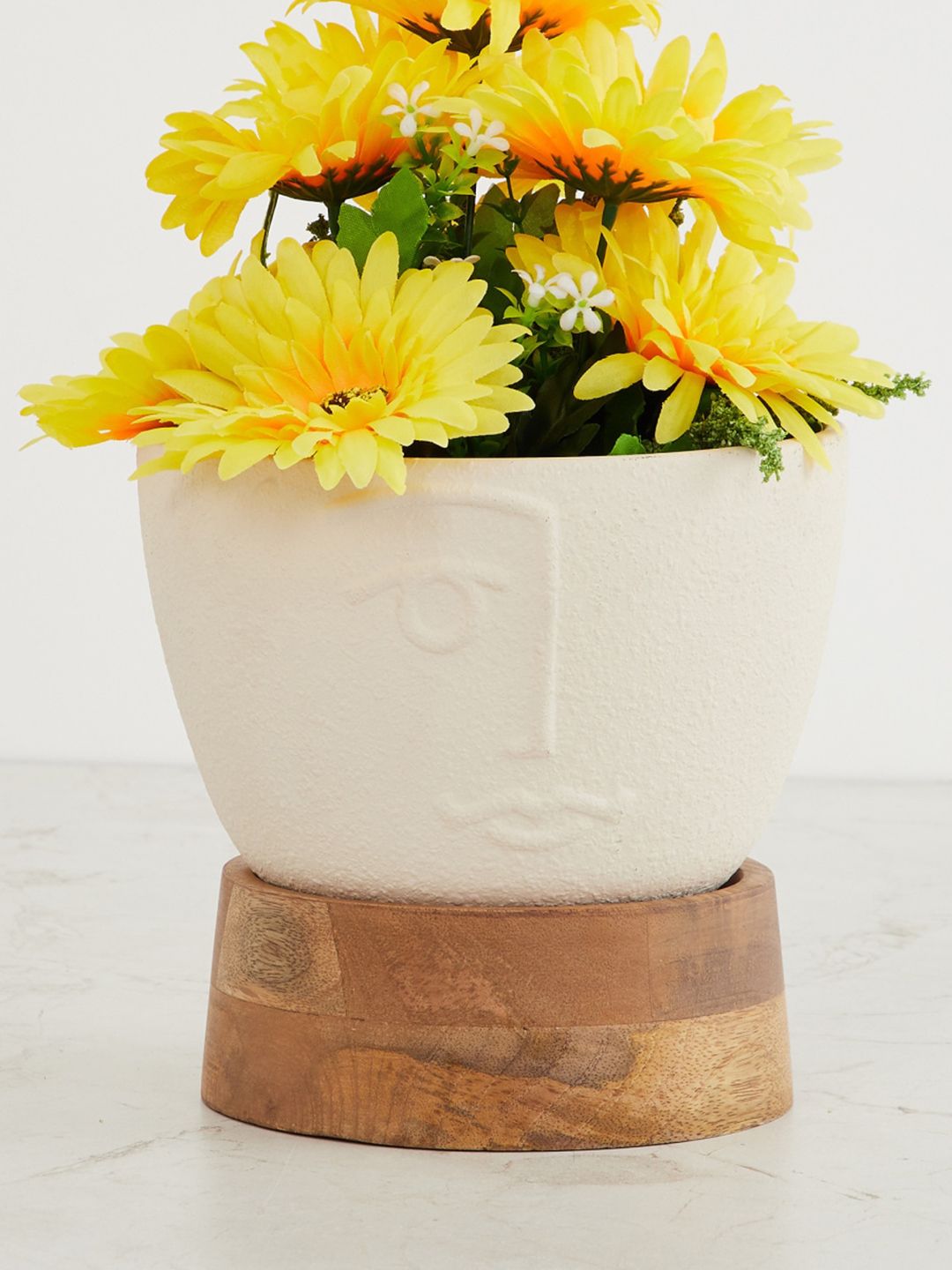 Home Centre White Textured Ceramic Planter With Wooden Base Price in India