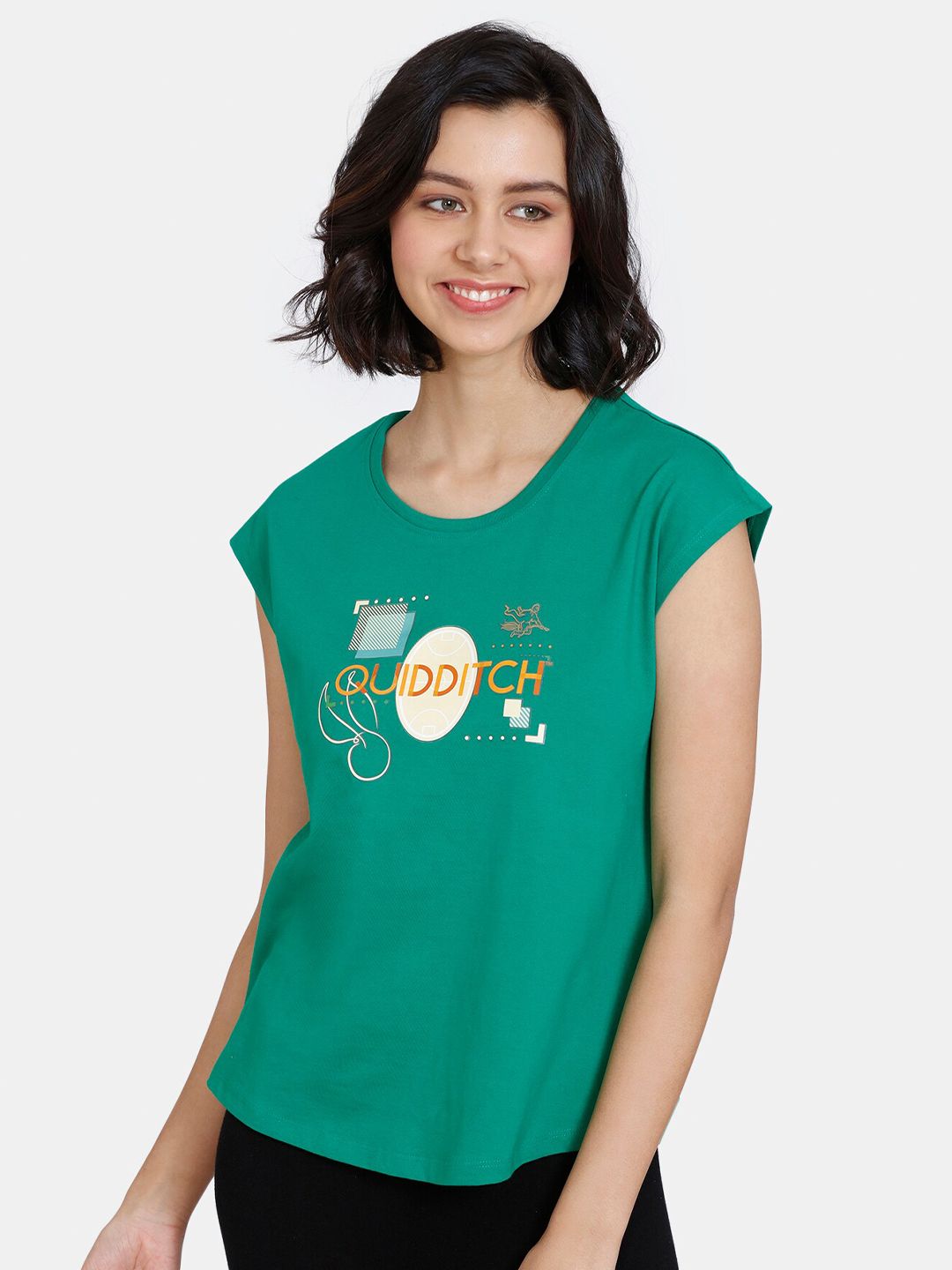 Zivame Women Green & Mustard Yellow Harry Potter Print Pure Cotton Lounge T-shirt Price in India