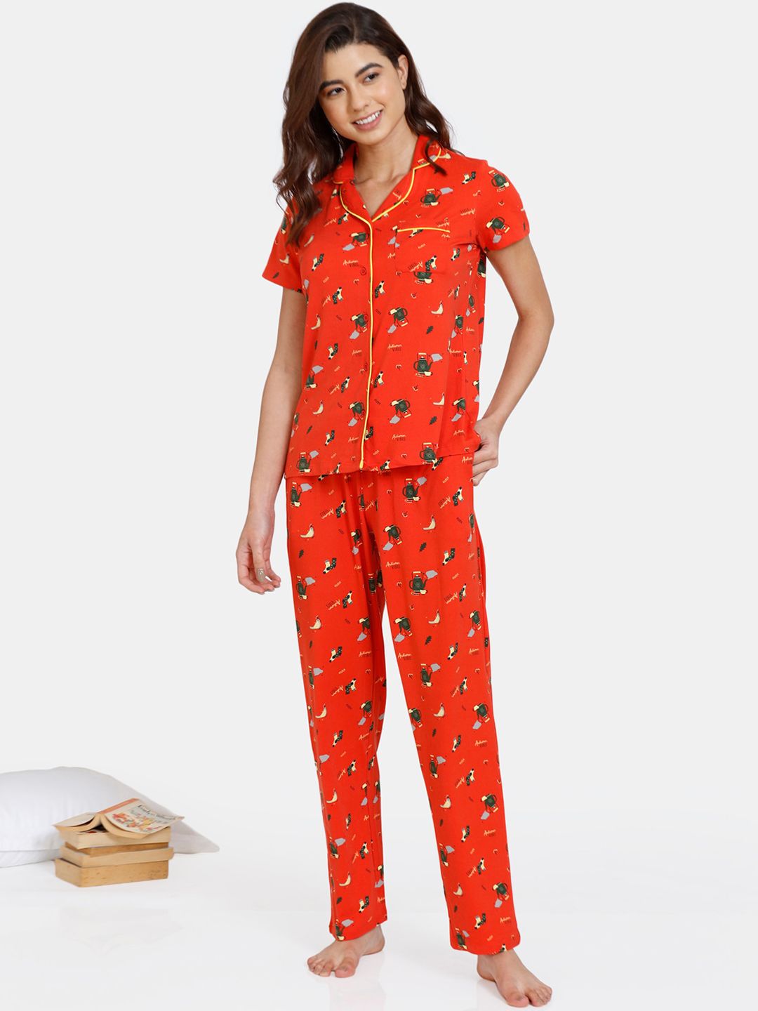 Zivame Women Red & Green Conversational Printed Night Suit Price in India