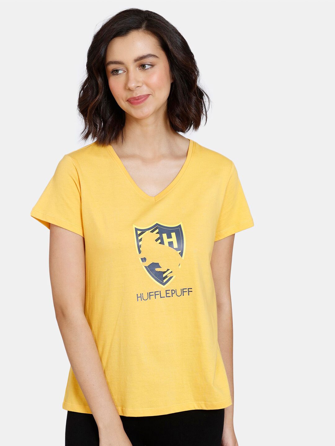 Zivame Women Yellow & Blue Harry Potter Printed Pure Cotton Lounge T-Shirt Price in India